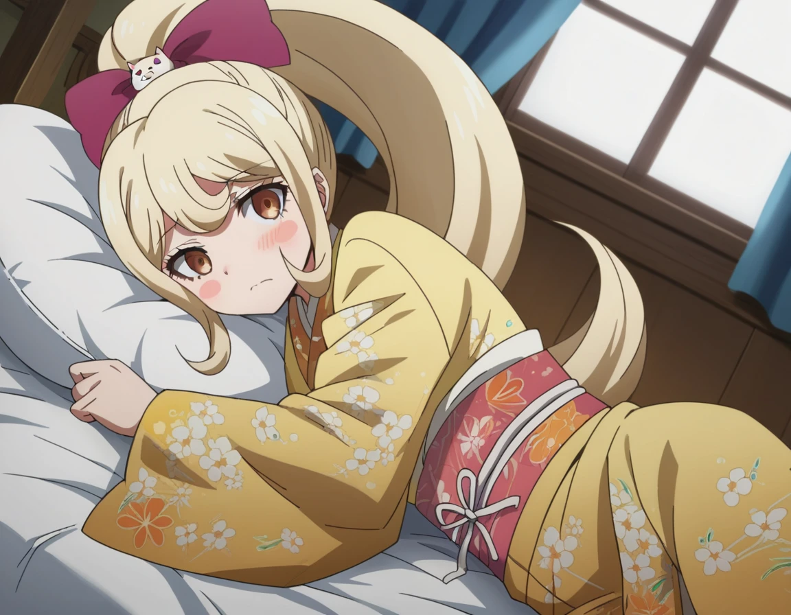 score_9, score_8_up, score_7_up, source_anime,
hiyokosaionji, <lora:hiyoko-saionji-s2-ponyxl-lora-nochekaiser:1>,
hiyoko saionji, long hair, bangs, blonde hair, brown eyes,
hair ornament, long sleeves, bow, ponytail, hair bow, japanese clothes, kimono, sash, blush stickers, obi, floral print, cat hair ornament,
indoors, bed, bed room, on side, blush, drunk,
looking at viewer, dutch angle, cowboy shot,