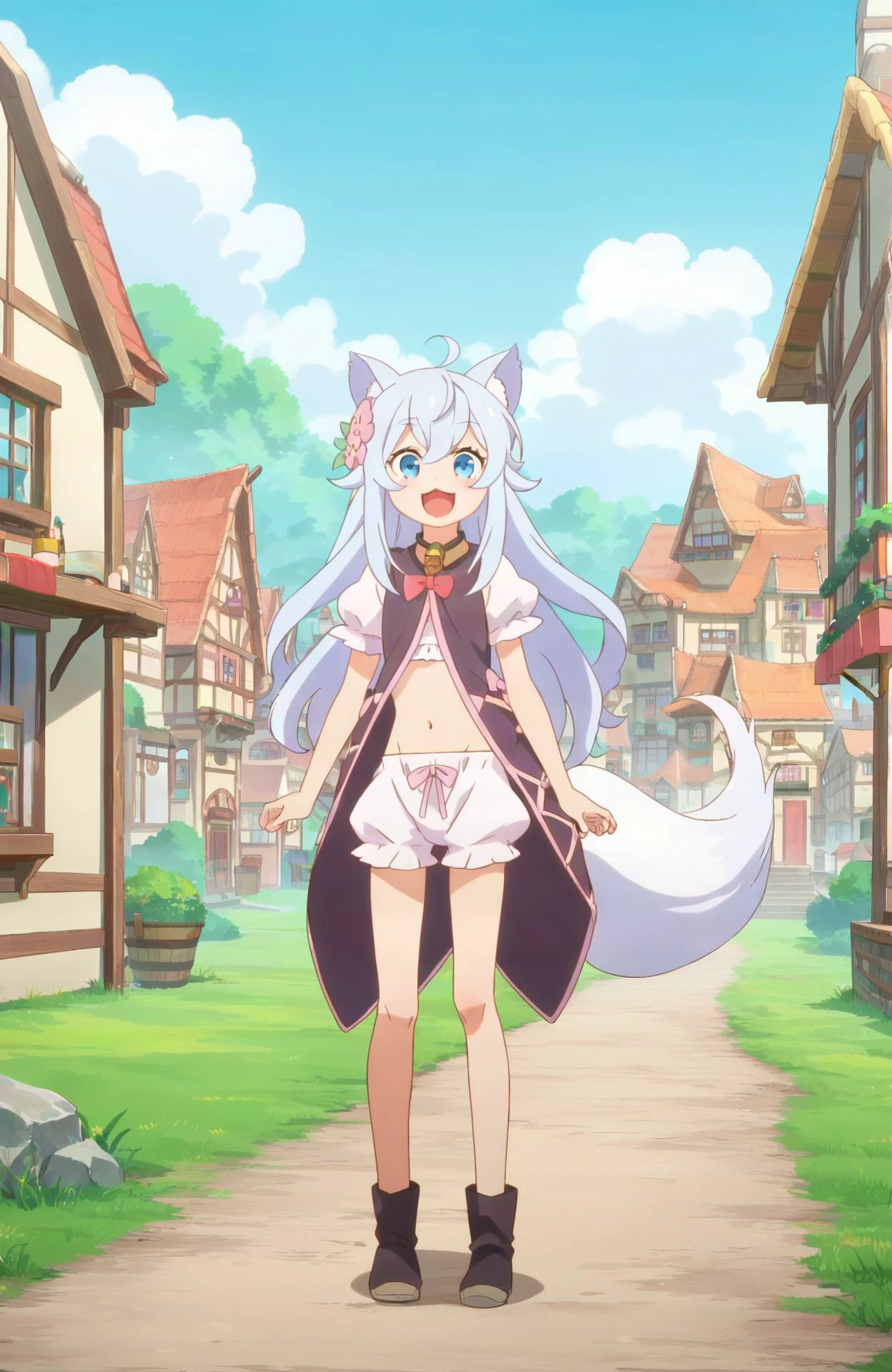 source_anime, anime screencap, <lora:noela:0.8> noela, 1girl,
long hair, white hair, blue eyes, hair flower, hair ornament, wolf ears, tail, happy, puffy sleeves, white bloomers, navel,
outdoors, blue sky, white clouds, town, village, grass,, score_9, score_8_up, score_7_up, score_6_up, score_5_up, score_4_up, ponypositive,