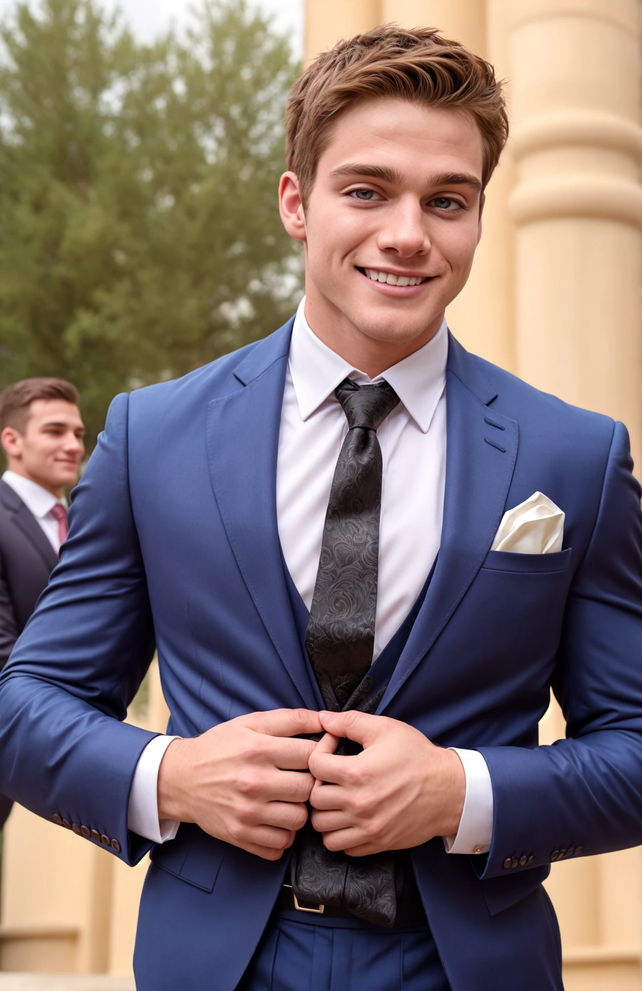 (face focus). (close up shot:0.9), (masculine:1.3), (large strong physique:1.2), at outdoor sunny wedding, wearing designer formal suit and tie, sexy pose:1.0, confident, handsome, (((masterpiece))), (((best quality))), <lora:more_details:0.2>, (hands on waist), male, athletic, looking at viewer, smile, liamdunbar_dylansprayberry, short hair <lora:liamdunbar_dylansprayberry prime:0.8>