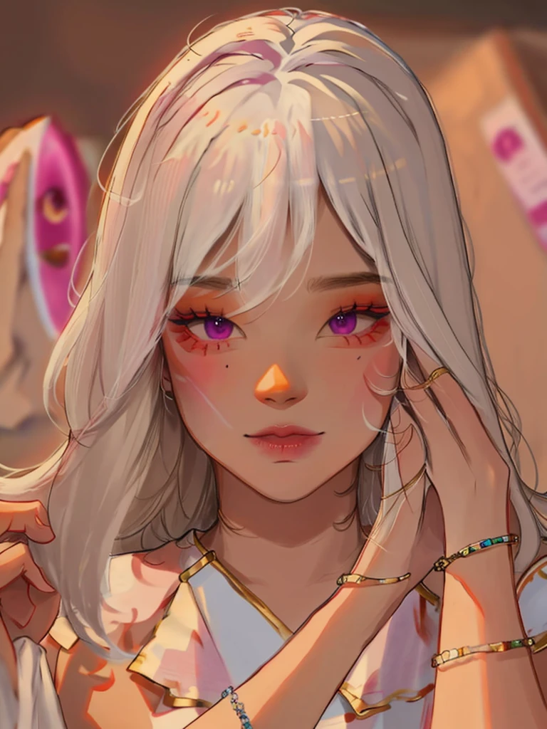 <lora:KouhoshiStyle-06:1>, 1girl, white hair, bangs, pink eyes, mole, bracelet