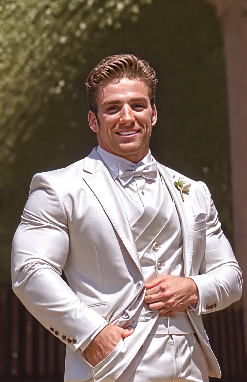 (face focus). (close up shot:0.9), <lora:BulkedUpAIR1.5:0.3>, (masculine:1.4), at outdoor sunny wedding, ((bodybuilder wearing designer formal suit)), sexy pose:1.0, confident, handsome, (((masterpiece))), (((best quality))), <lora:more_details:0.1>, (hands on waist), male, athletic, looking at viewer, smile, big pecs:1.2, <lora:Musclehunk_Billy_Herrington:1.1>