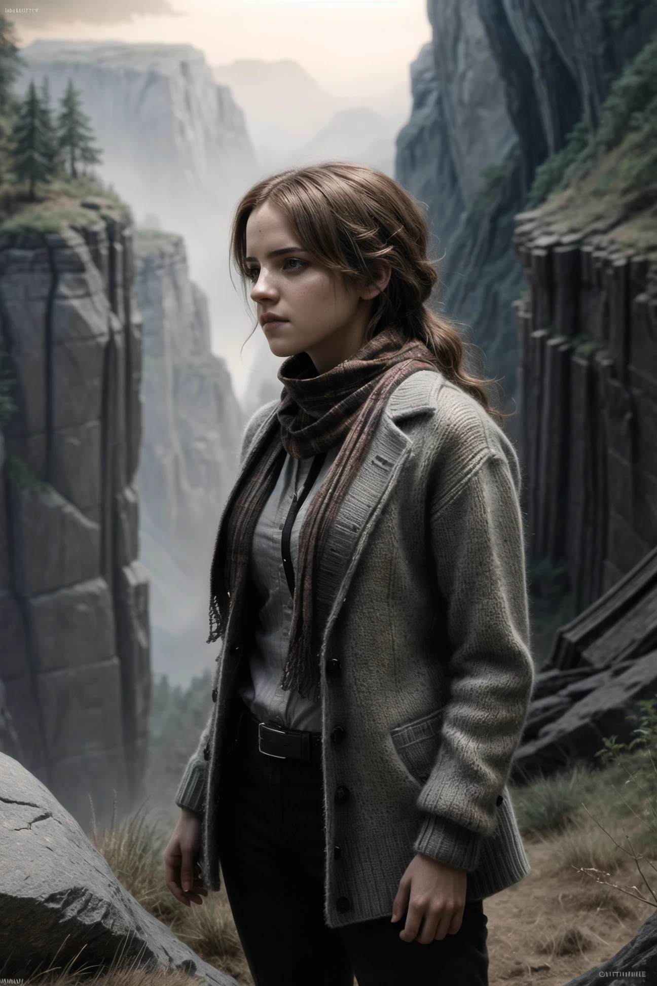 Hermione_Granger, (a woman wearing a sweater coat and a scarf:1.2), standing on a cliffs made of rock, full body, with a giant tent in the background, in a forest, cozy time, chill, shallow depth of field, ultra-high image quality, best result in the field of view, best result in areas of a very beautiful face, divine presence, cinematic quality, clear focus, studio photography, masterpiece, detailed, hdr, epic background, line art, digital illustration, comic style, dynamic, highly detailed, artstation, concept art, smooth, sharp focus, illustration, Thomas Moran style, art by Carne Griffiths and Wadim Kashin, detailed background, 60-30-10 color rule, warm tones, godrays, unreal engine, greg rutkowski, loish, rhads, beeple, makoto shinkai and lois van baarle, ilya kuvshinov, rossdraws, tom bagshaw, alphonse mucha, global illumination, detailed and intricate environment <lora:Hermione Granger:0.5> <lora:more_details:1> <lyco:GoodHands-beta2:1.0>