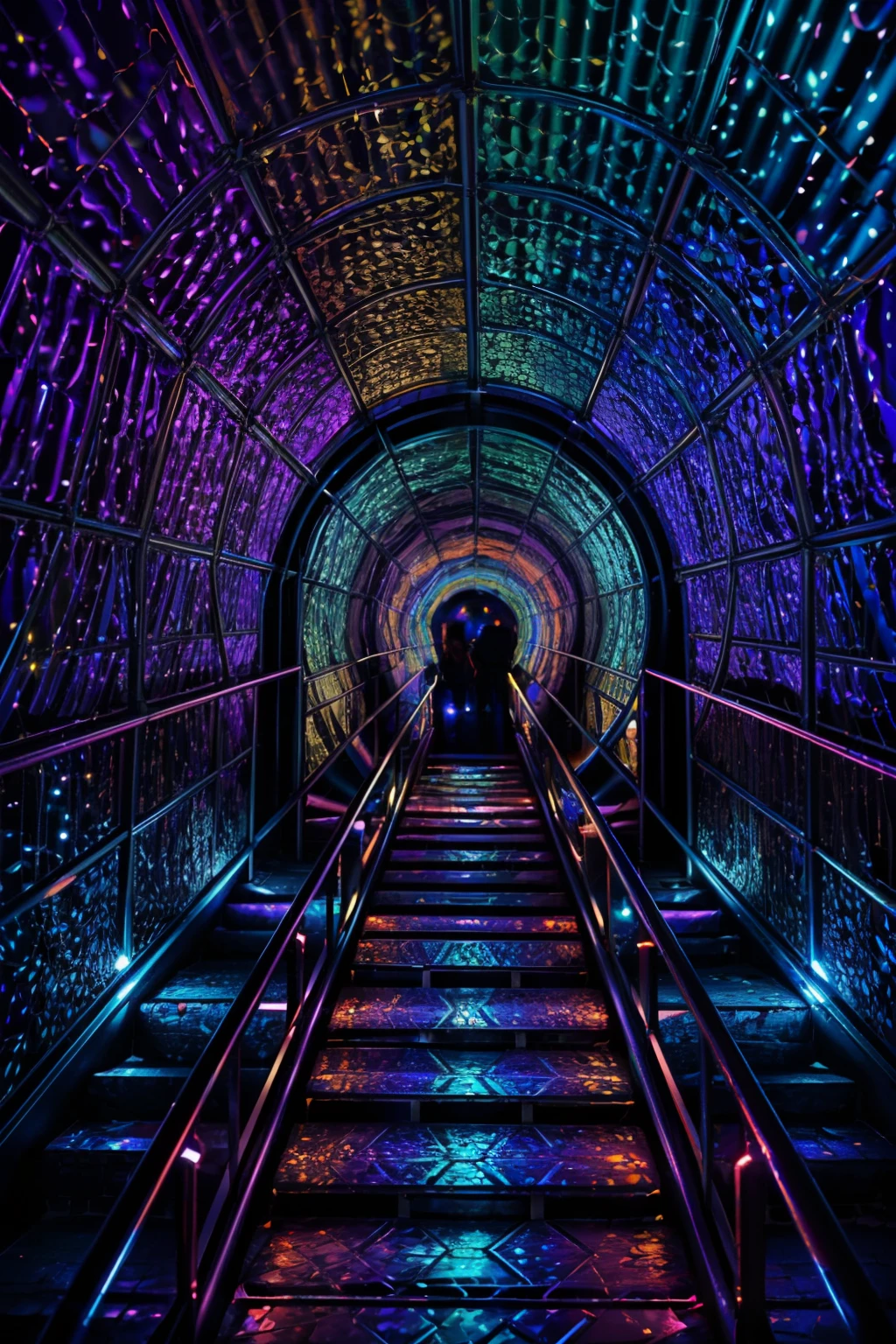 (ultra realistic,32k, masterpiece:1.2),(high detailed skin:1.1),( high quality:1.1),  <lora:Light_Tunnel:0.8>,  Light Tunnel, solo, stairs, silhouette, colorful, abstract, minimalist,  blooming stars, luminescent petals, otherworldly fragrance blurry background, <lora:add_detail:0.92>, (glowwave:1.1),