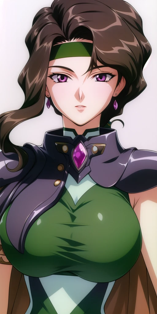 <lora:Afura_MannV8:0.7> afura_mann, huge_breasts, standing, solo, green_sleeveless_bodysuit_brown_capelet_pauldrons_green_headband_wristband_arm_strap_gem_belt, masterpiece, best_quality, detailed_face, detailed_eyes, highres, beautiful, detailed, absurdres,