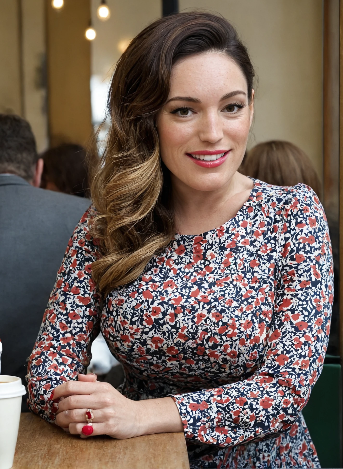 street photography, dull day, beautiful woman in her late 30s, teeth, (freckles:0.8), candid, sitting in a busy crowded coffee shop,  fully clothed, casual floral dress, detailed face, detailed hair, (extremely pale:1.3), (red lipstick:0.4), <lora:Kelly_Brook:1>, kelly brook, kelly, long dark brunette hair, serious face,