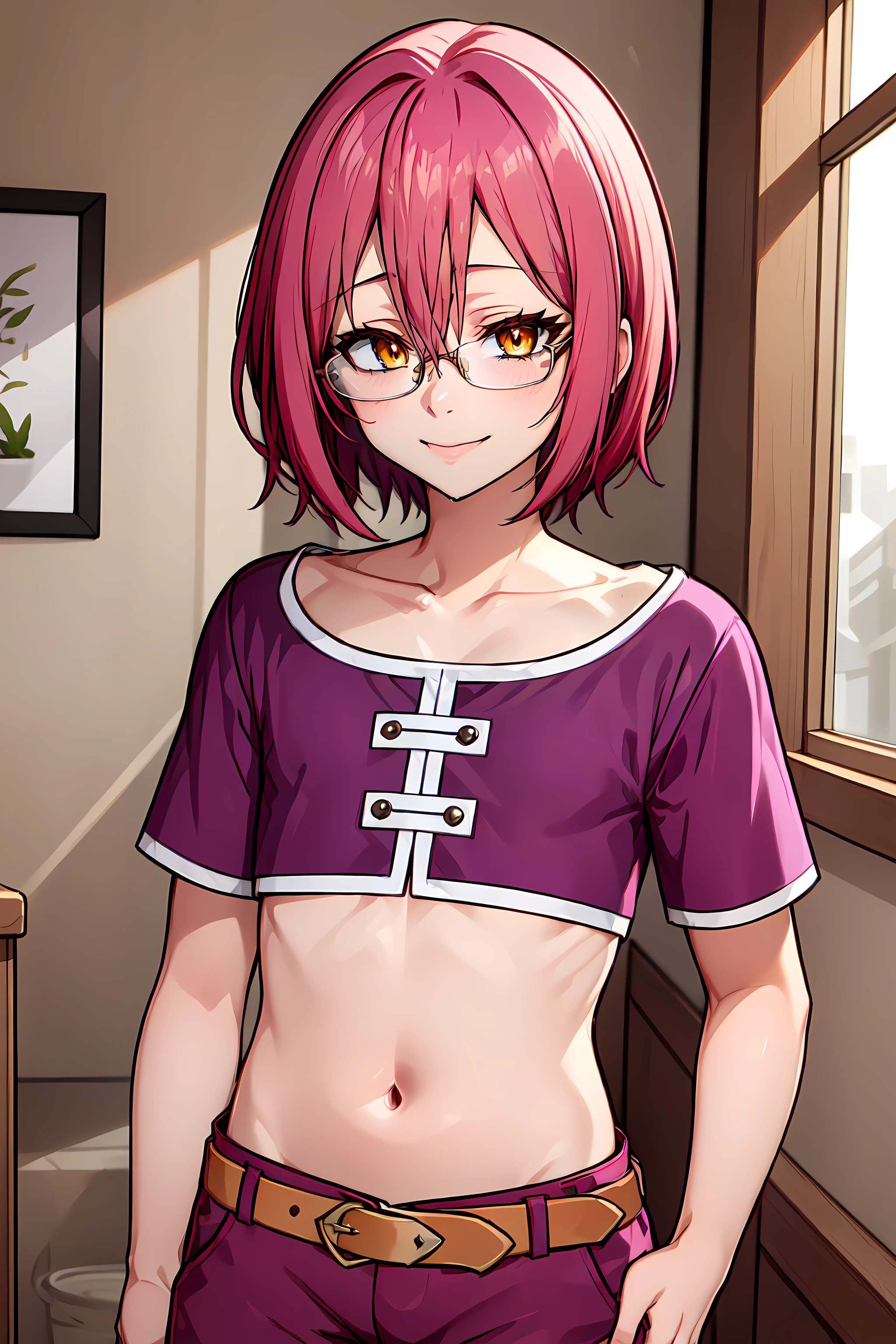 masterpiece, best quality, (gowcas),(1boy:1.2),solo,midriff,purple top,shorts,otoko no ko,glasses,yellow eyes,belt,purple shorts,pink hair,light smile,hair between eyes,short hair,under-rim eyewear,indoors, <lora:Gowther:0.75>