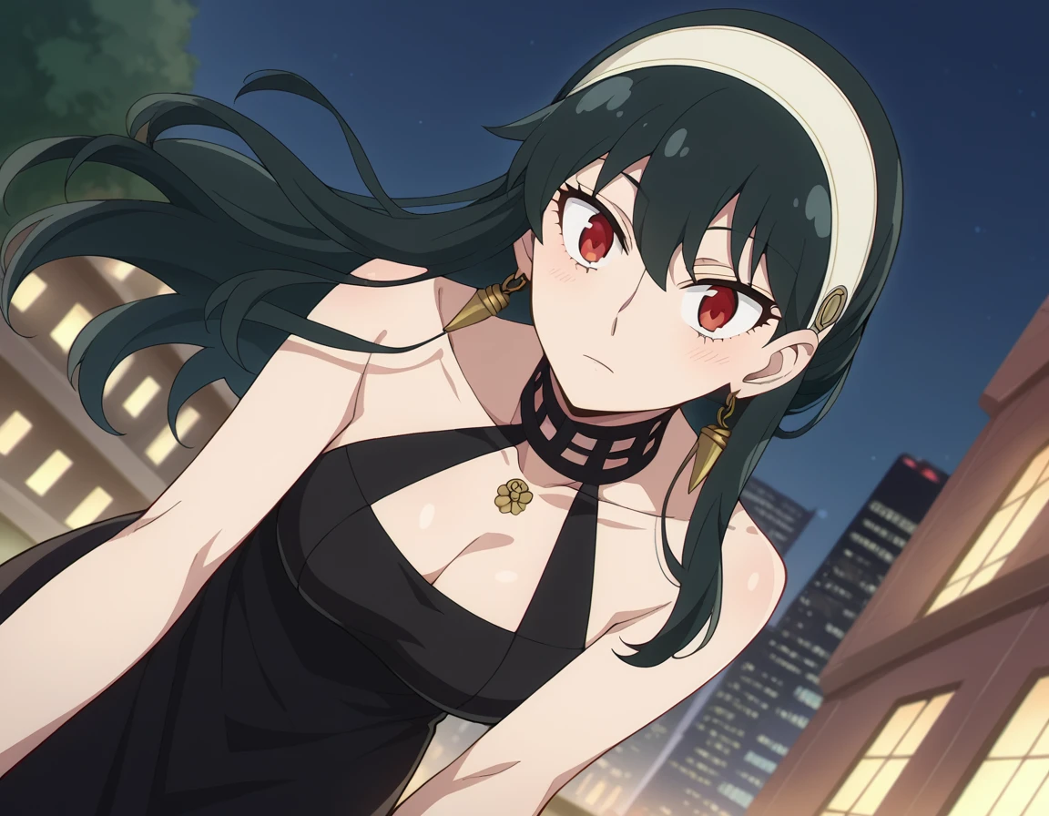 score_9, score_8_up, score_7_up, source_anime,
yorbriar, <lora:yor-briar-s1-ponyxl-lora-nochekaiser:1>,
yor briar, black hair, red eyes, earrings, white hairband, hairband, long hair, sidelocks,
dress, cleavage, bare shoulders, jewelry, collarbone, sleeveless, black dress, halterneck, headband, white headband,
outdoors, cityscape, bent over, night,
looking at viewer, dutch angle, cowboy shot,
