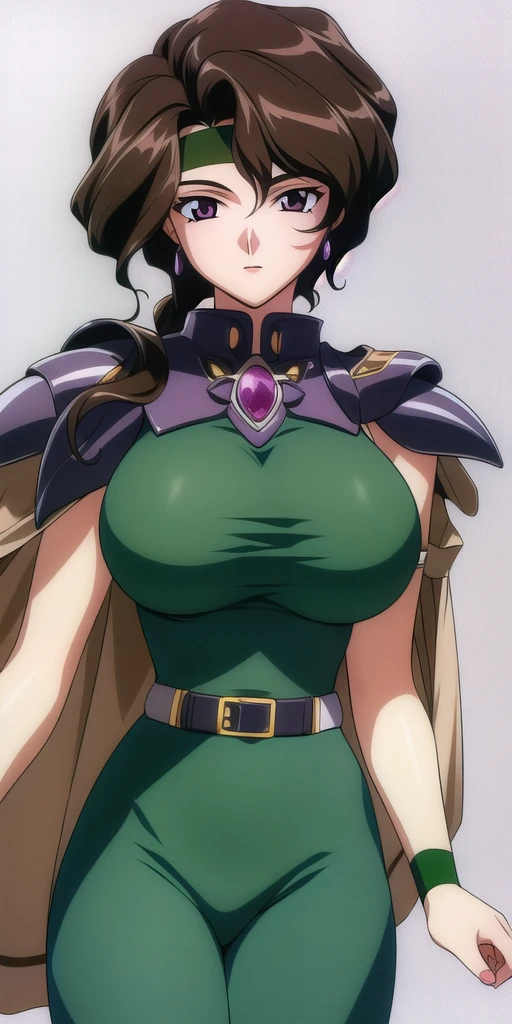 <lora:Afura_MannV8:0.7> afura_mann, huge_breasts, standing, solo, green_sleeveless_bodysuit_brown_capelet_pauldrons_green_headband_wristband_arm_strap_gem_belt, masterpiece, best_quality, detailed_face, detailed_eyes, highres, beautiful, detailed, absurdres,