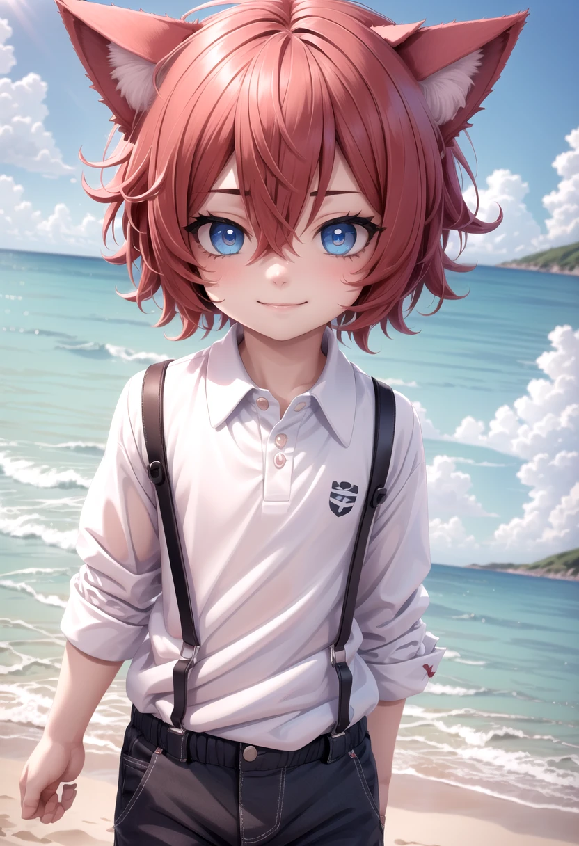 <lora:Aki SD15_epoch_17:0.6>, (1boy:1.3), beach, smile, ( crimson cat ears:1.4), (red ears), male face, male body, more details in eyes, (very short hair:1.2), hair between eyes, cute, adorable boy, cute face, detailed face, handsome, young, juvenile, white skin, eyeshadow, crew cut, crimson hair, details sky, looking at viewer, blush, blue eyes, full shot, red suspenders, (pants), (white polo shirt), aki,petite, (male focus:1.3),
(masterpiece:1.2), best quality, high resolution, unity 8k wallpaper, (illustration:0.8), (beautiful detailed eyes:1.6), extremely detailed face, perfect lighting, extremely detailed CG, (perfect anatomy),