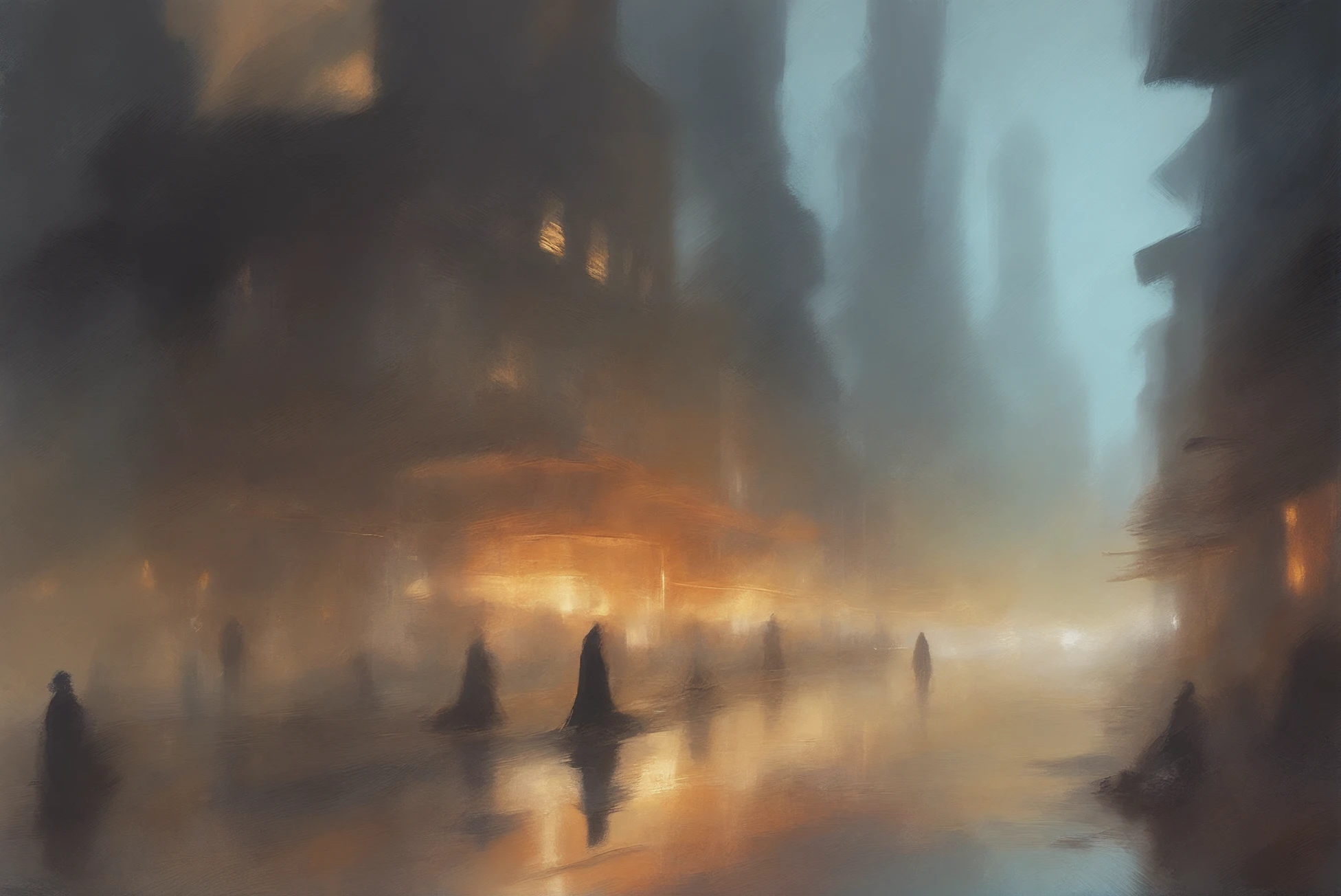 digital painting, impressionism, solemn,ghostly scifi metropolis beyond the end of reality<lora:EnvyStarlightVibrantImpressionism01b:1>