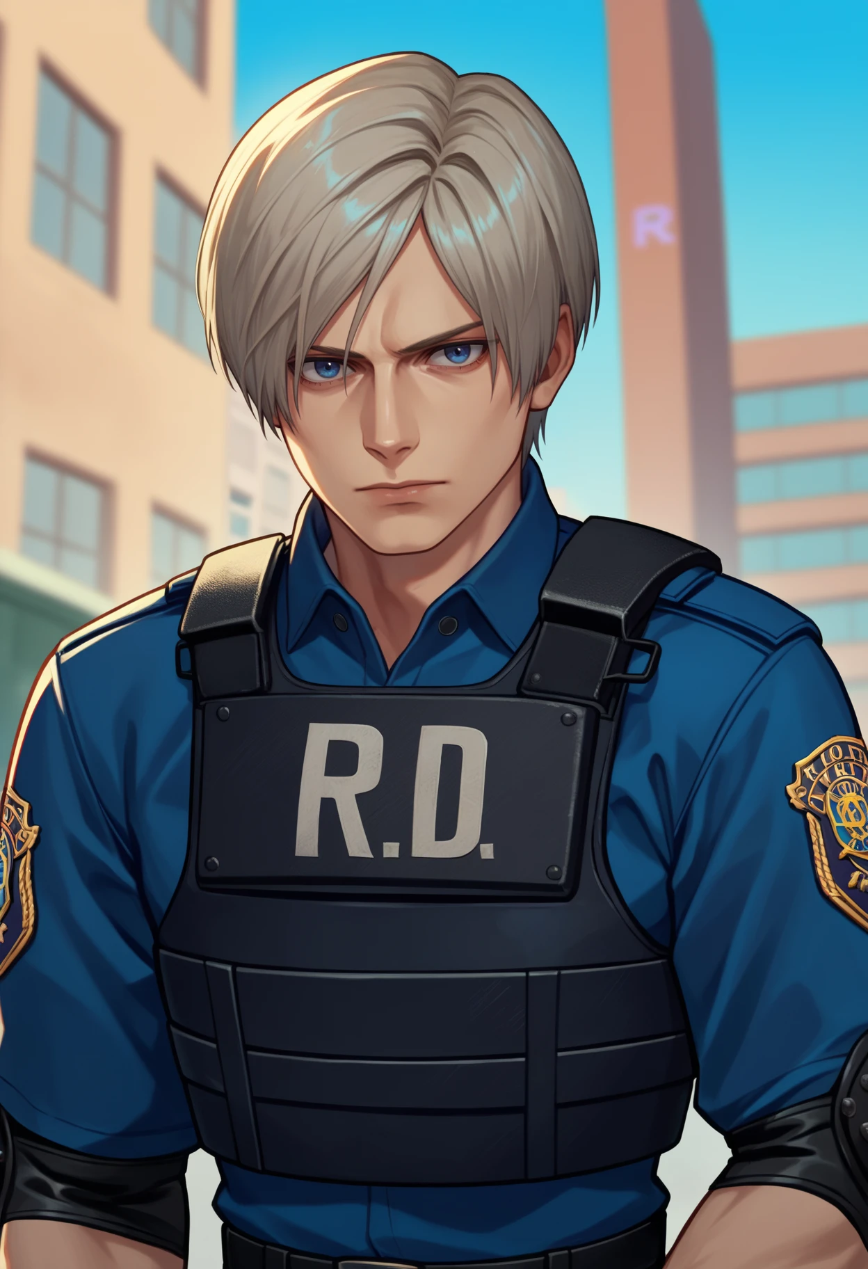 score_9,score_8_up,score_7_up BREAK source_anime,
1boy,  leonkennedy, grey hair, short hair, belt, police uniform, bulletproof vest, fingerless gloves, blue shirt, elbow pads, long sleeves,
solo, upper body, looking at viewer, outdoors, building, new york street background
<lora:LeonKennedyXL:1>