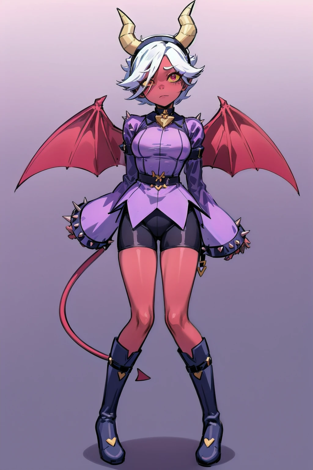 (masterpiece, best quality), trixie colette, 1girl, solo, demon girl, colored skin, red skin, red eyes, colored sclera, yellow sclera, short hair, ponytail, white hair, hair over one eye, demon tail, demon horns, demon wings, medium breasts
hairband, choker, shirt, spikes, long sleeves, sleeves past fingers, sleeves past wrists, shorts, boots, knee boots, <lora:Trixie_Colette__Brawl_Stars_V1.0:0.7>, <lora:add_detail:0.4>
