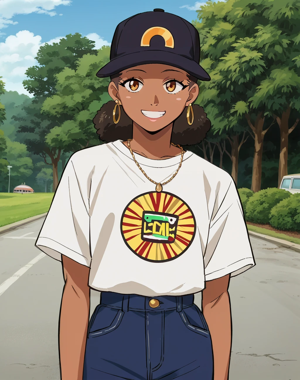 score_9, score_8_up, score_7_up, score_6_up, score_5_up, score_4_up, BREAK ,cowboy shot,1girl,solo,smile,dark skinned female,source_anime,anime screencap
edg90hh, woman wearing hip hop outfits ,wearing edg90hh_clothing,arms along body
 <lora:edg90sHIPHOPPony:0.85>