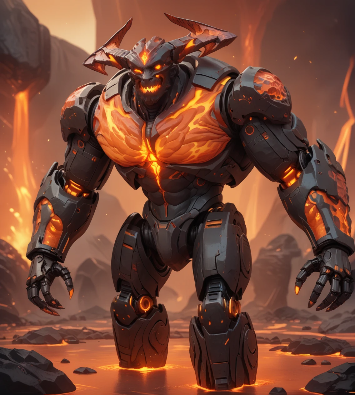 score_9,score_8_up,score_7_up,score_6_up,source anime BREAK,
1boy, muscular, demon, monster, horns, looking at viewer, science fiction, cyberpunk, metal, robot
magma, lava, glowing, molten rock,
<lora:magma_12_lbw_2:1.8>