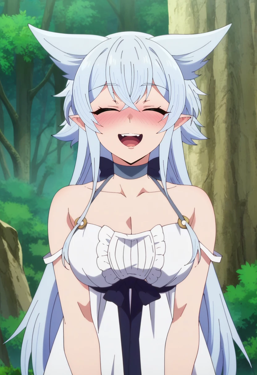 score_4, score_5, score_6, score_9, score_8_up, score_7_up, source_anime,
<lora:Lv2karaCheat_FenrysXL:0.8>, FenrysLv2,
1girl, openmouth, smile, nose blush, teeth,
grey hair, very long hair, closed eyes, wolf ears, (ears down,:1.2) pointy ears,
choker, white dress, bare shoulders, black ribbon, cleavage, strap slip,
looking at viewer, standing, portrait,
outdoors, forest,
<lora:anime_screencap:1>, fine anime screencap_xl, anime_screencap