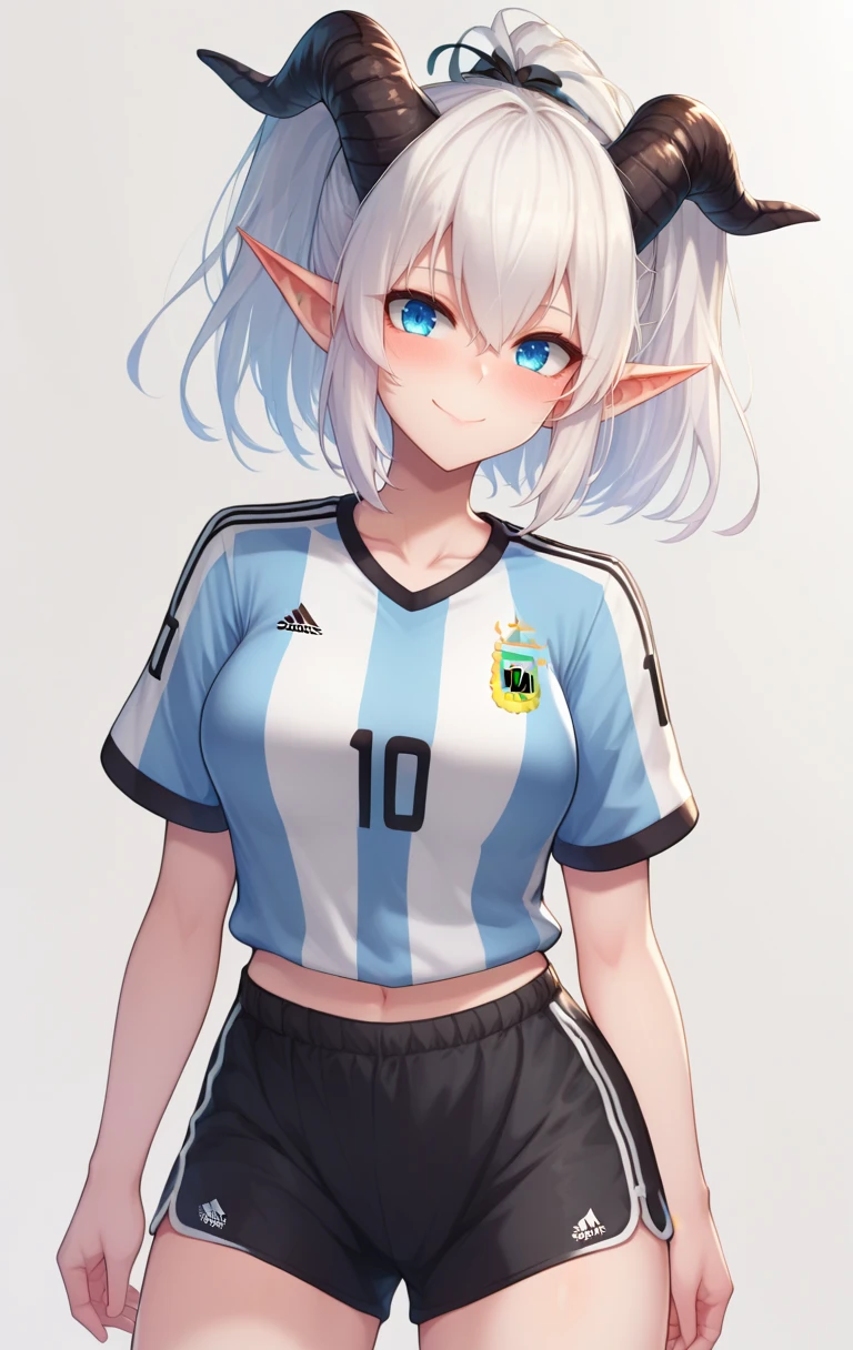 score_9, score_8_up, score_7_up, BREAK  <lora:Miavt-10:1> MiavtSDXL, 1girl, solo, looking at viewer, blush, smile, short hair, blue eyes, shirt, navel, hair between eyes, medium breasts, closed mouth, standing, collarbone, ponytail, number 10, white hair, short sleeves, thighs, cowboy shot, horns, shorts, pointy ears, midriff, striped, short shorts, black shorts, blue shirt, demon horns, sportswear, soccer uniform, double pigtail,