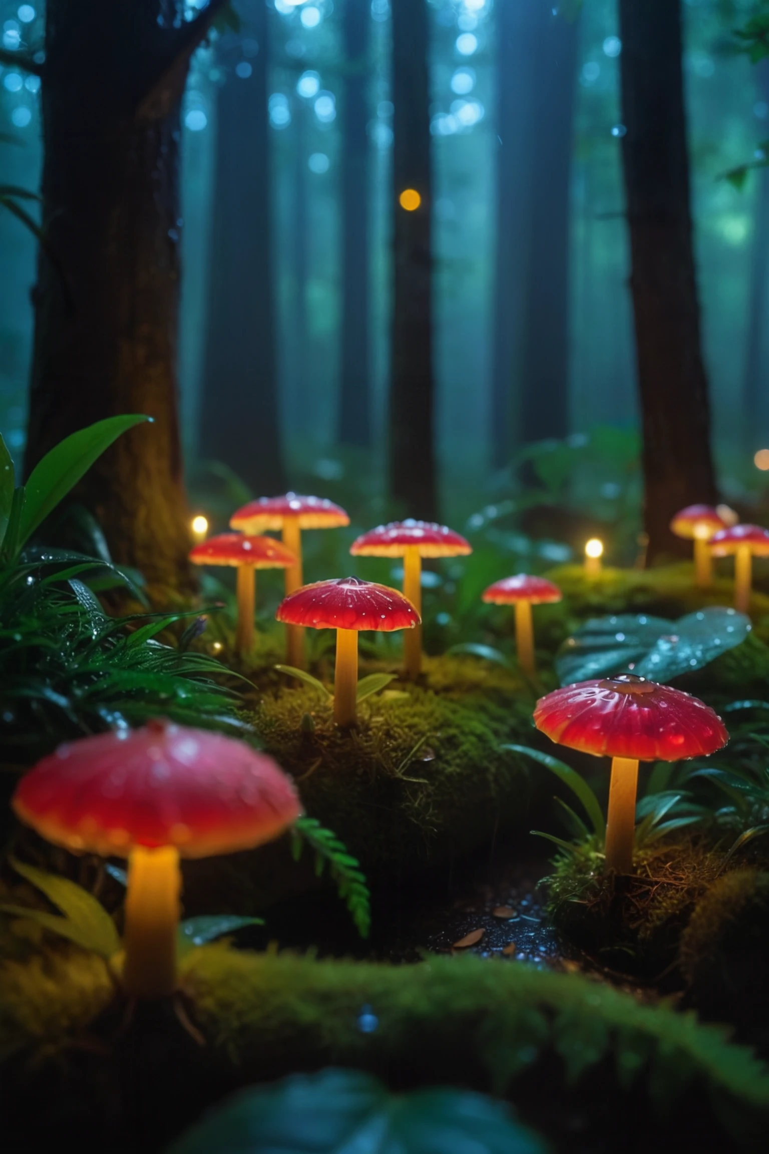(((masterpiece))),(best quality),((ultra-detailed)), professional,gimicalmas,35mm photograph,4k, fairy forest in the middle of the night it's raining,lay summer,night,rain,macro_shot, colorful details,natural lighting,amazing composition,subsurface scattering,amazing textures,soft light,bokeh,