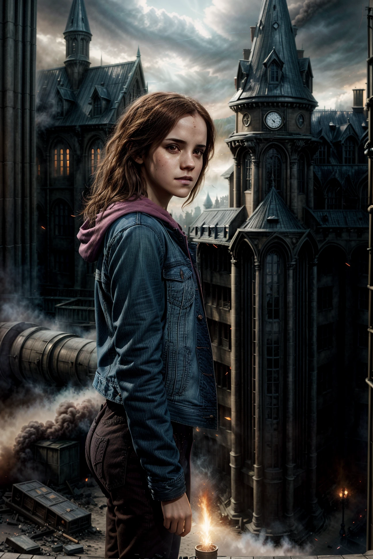 Hermione_Granger, a woman in a a blue jeans jacket and pink zip hoodie and jeans pant, long brown hair, a witch, long flowing hair, in front of a building with a glass, in front of grey sepia smoke background with a sky full of cloud background and some rock in the air, outside, (in front of Hogwarts half-destroyed:1.2), poster style, close-up portrait, dark tones, chiaroscuro, detailed, hdr, epic background, line art, digital illustration, comic style, dynamic, highly detailed, artstation, concept art, smooth, sharp focus, illustration, Thomas Moran style, art by Carne Griffiths and Wadim Kashin, detailed background, 60-30-10 color rule, warm tones, godrays, unreal engine, greg rutkowski, loish, rhads, beeple, makoto shinkai and lois van baarle, ilya kuvshinov, rossdraws, tom bagshaw, alphonse mucha, global illumination, detailed and intricate environment <lora:Hermione Granger:0.6> <lora:more_details:1> <lyco:GoodHands-beta2:1.0>