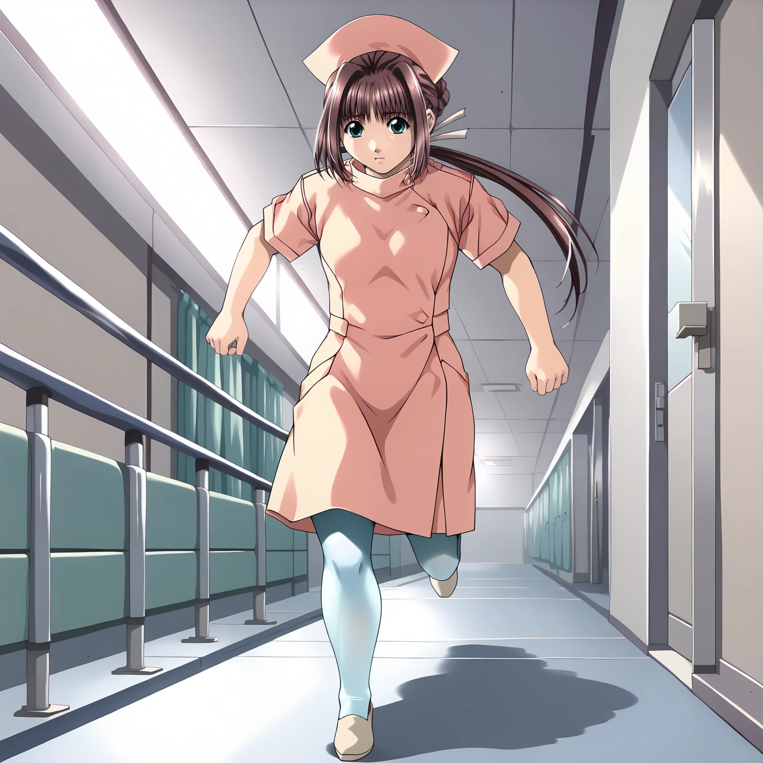 <lora:RenNanaseXLpony009>,
solo,
RenNanase,1girl,brown_hair,single_hair_bun,low_ponytail,long hair,aqua_eyes,
nurse_cap,nurse,
white pantyhose,
full body,running,