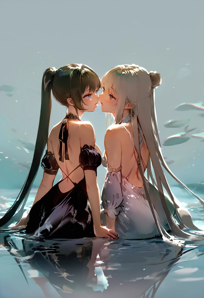 score_9, score_8_up, score_7_up, score_6_up, <lora:anmiXL_P6_lokr_V3236:0.95> multiple girls, 2girls, dress, long hair, black dress, blue eyes, black hair, yuri, ponytail, bare shoulders, backless dress, backless outfit, bangs, white dress, single hair bun, looking at another, hair bun, parted lips, sitting, open mouth, brown eyes, very long hair, detached sleeves, imminent kiss, water, bare back, sidelocks
