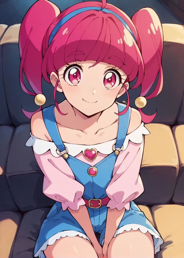 score_9, score_8_up, score_7_up, 1girl, hoshina hikaru, pink eyes, pink hair, twintails, hair ornament, hairband, 

smile, cute, looking at viewer, movie theatre, sitting,
pink shirt, off-shoulder shirt, blue overalls, 