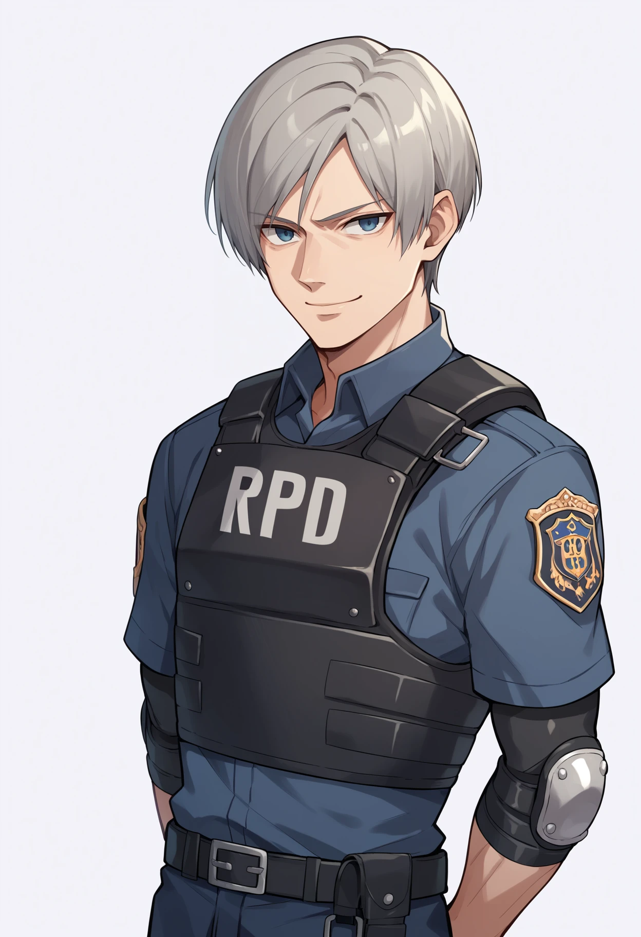 score_9, score_8_up, score_7_up, score_6_up, score_5_up, score_4_up, BREAK, source_anime,
1boy, leonkennedy, grey hair, short hair, belt, police uniform, bulletproof vest, fingerless gloves, blue shirt, elbow pads, long sleeves,
hands behind back, smile, upper body, looking at viewer, solo, simple background, white background     <lora:LeonKennedyXL:1>