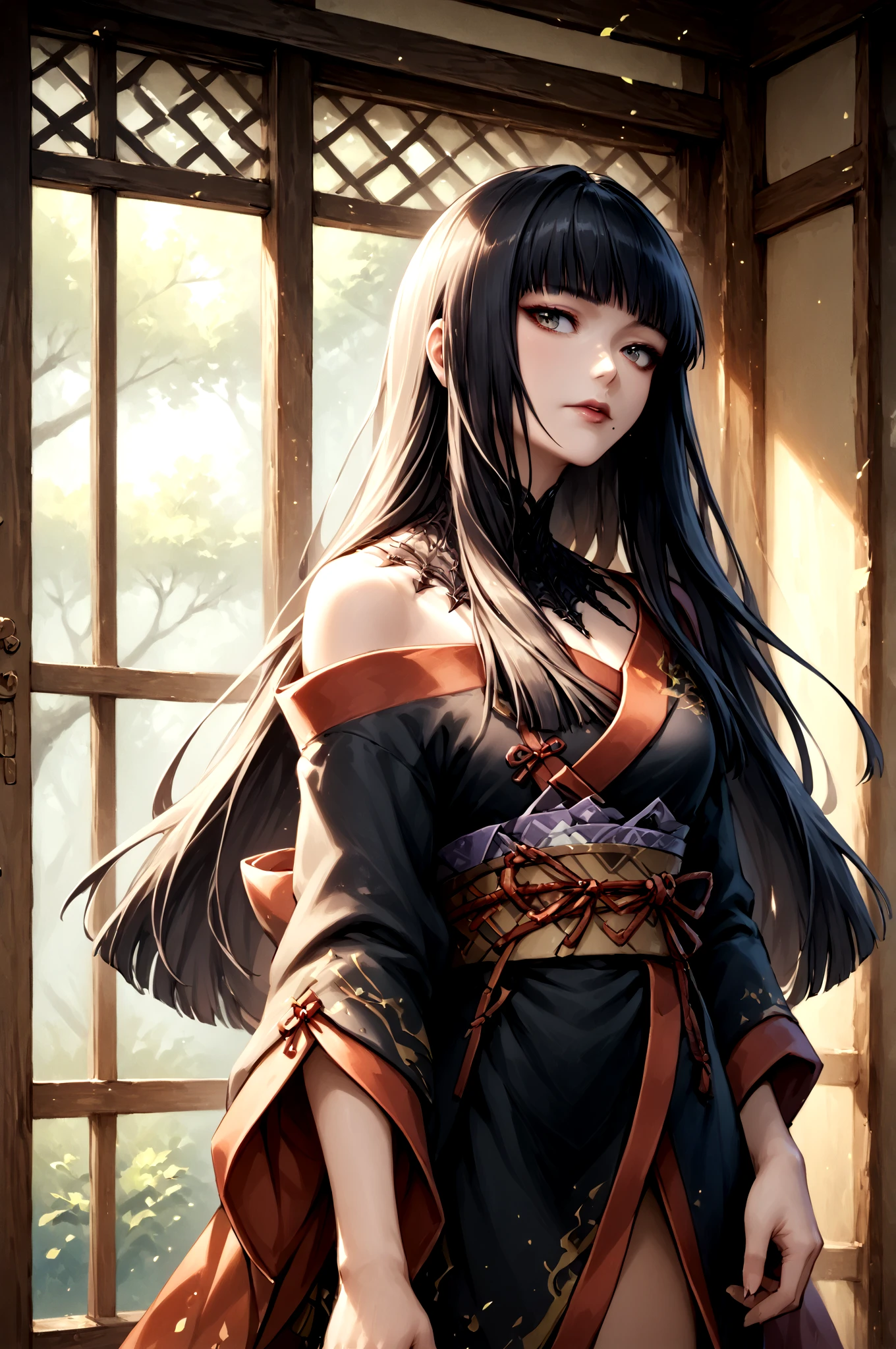 score_9,score_8_up,score_7_up, <lora:YotsuyuFF14-Pony-000006:0.99> 1girl, yotsuyu_ff14, long hair, black_hair, japanese clothes, (mole_under_mouth:0.8), straight_hair, hime_cut, cowboy_shot, , (high quality, detailed, beautiful),