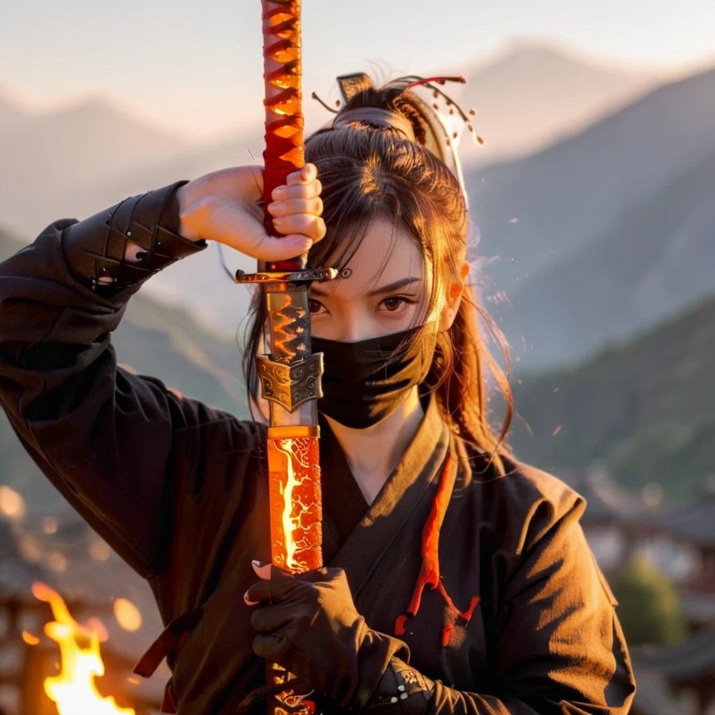 a ninja holding a flaming sword in her hand , <lora:weaponface:0.85>  ,close up