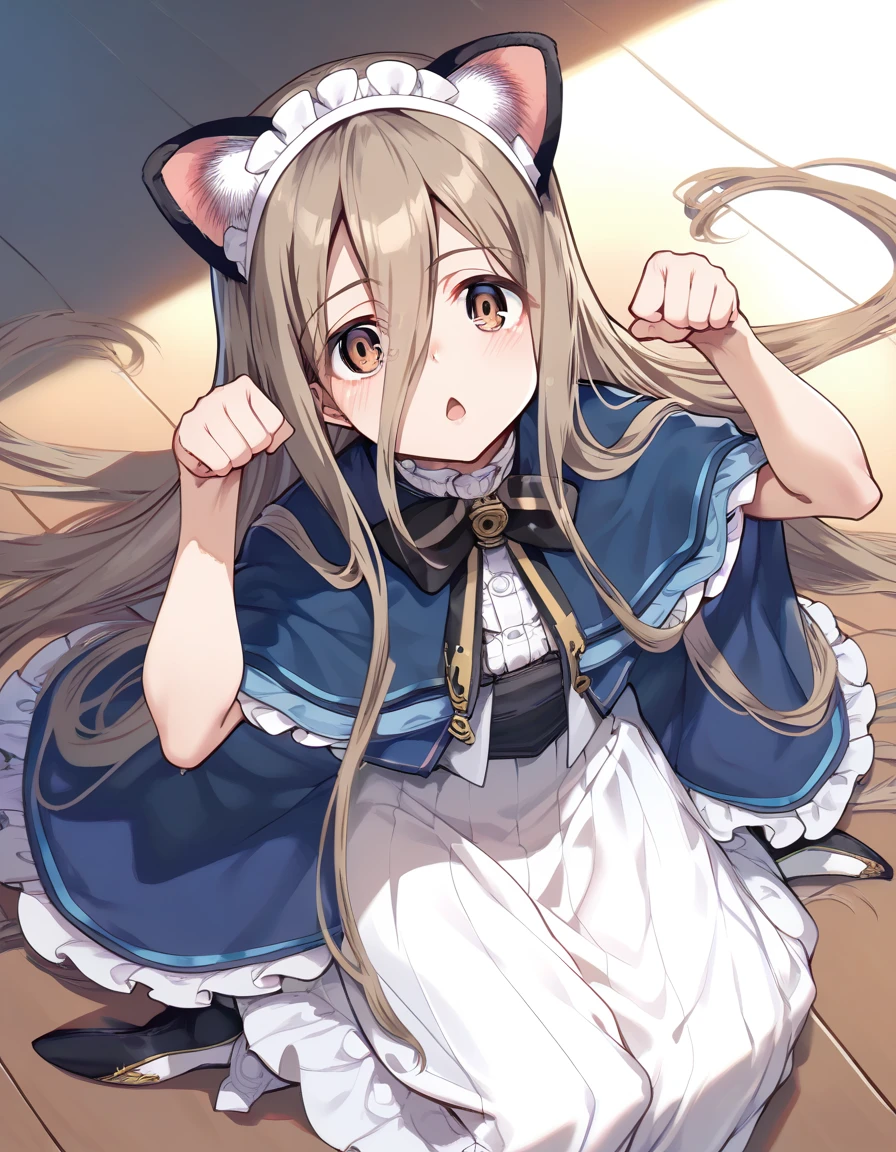 score_9, score_8_up, score_7_up, score_6_up, a girl is on the floor, paw pose, open mouth, looking at viewer, fake animal ears,
<lora:susuki_kyotaru_style_xl_v1-000025:1> <lora:sense_sousou no frieren_PONY_last:0.6> sense \(sousou no frieren\),brown eyes,very long hair,absurdly long hair,hair between eyes,eyes visible through hair, blue capelet,frilled dress,white long dress