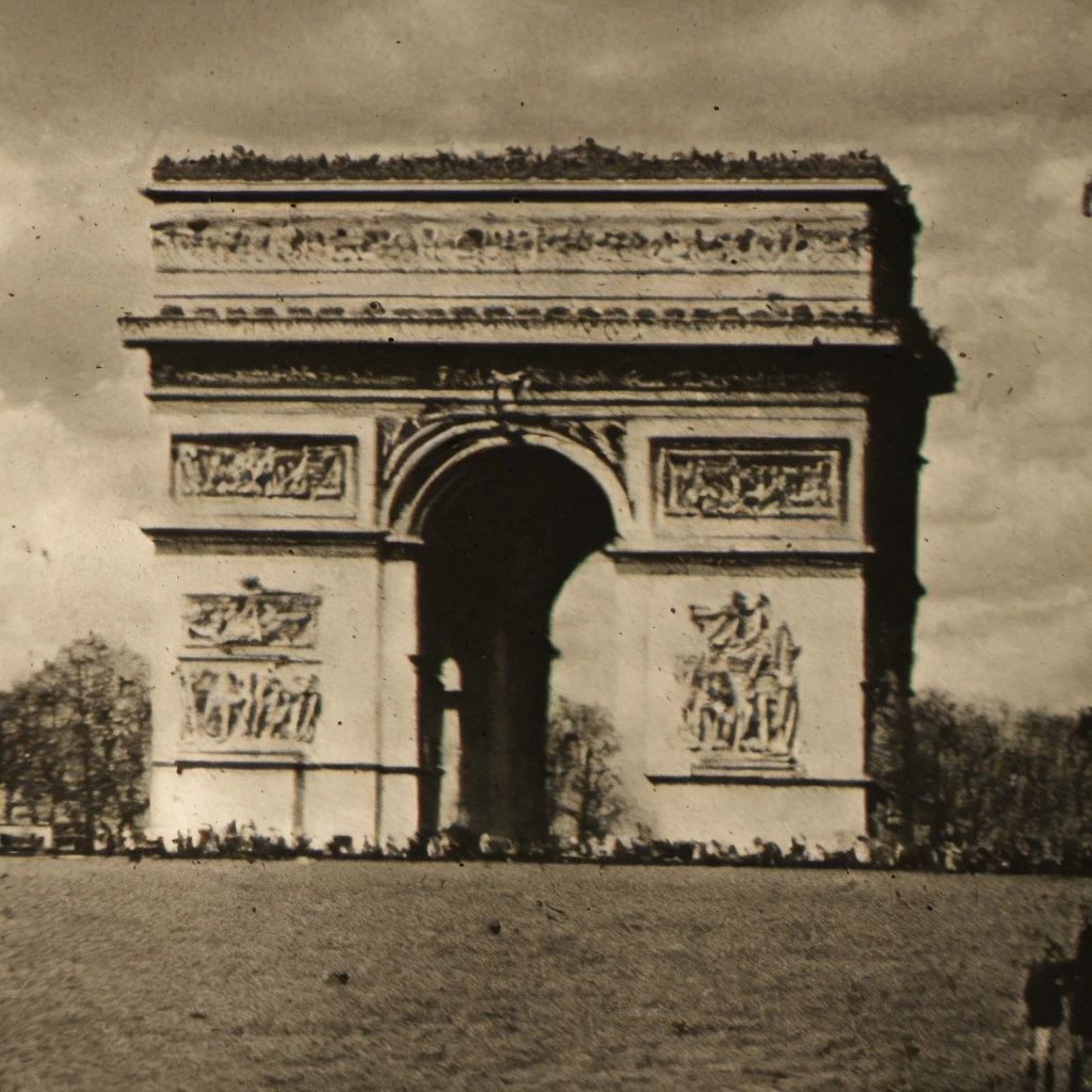 ((1947-Paris-France)), Create a black and white image that embodies the essence of Paris, France, in the year 1947, with a particular focus on the arc de triomphe. The composition should capture the nostalgic and romantic atmosphere of post-war Paris, highlighting the timeless elegance of the arc de triomphe as it stands tall against the backdrop of the city. The image should be rich in detail, showing the architecture and possibly even the cobblestone streets that lead to the iconic structure, giving it a strong sense of place and time. The use of light and shadow should enhance the vintage feel, evoking the classic photography style of the mid-20th century. This scene should be devoid of modern elements, ensuring the viewer is transported back to 1947, feeling the history and charm of Paris during this era.<lora:1947-Paris-France-SD2.1-512-LoRA1:1>