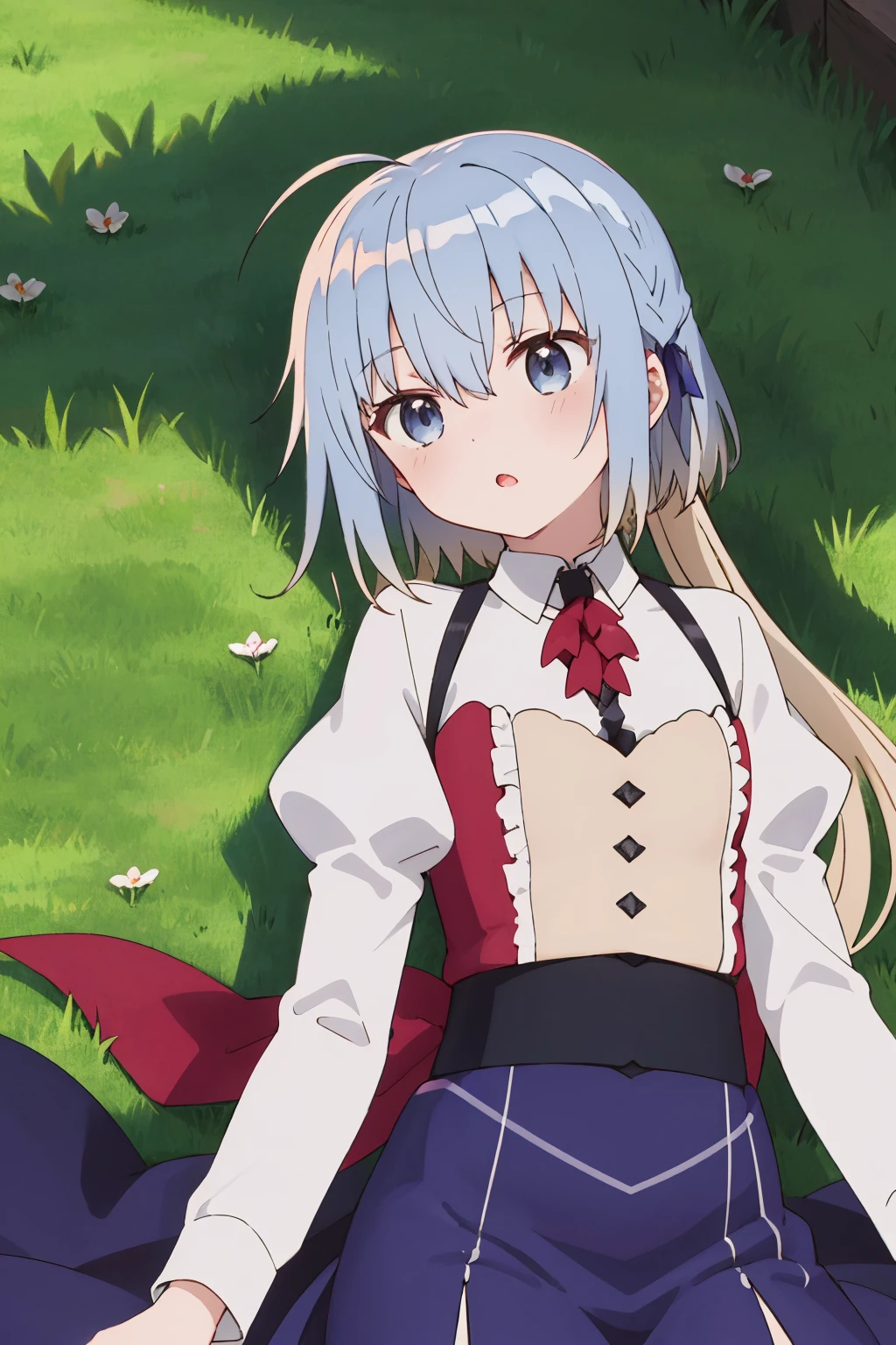 1girl, haiselita aldridge, anime screencap, solo, ahoge, lying, on back, hair ribbon, silver hair, eyebrows visible through hair, white shirt, looking at viewer, parted lips, grey hair, collared shirt, corset, hair between eyes, high-waist skirt, red neckwear, frills, purple skirt, blue skirt, underbust, open mouth, juliet sleeves, center frills, floating hair, shiny hair, low ponytail, blue ribbon, bowtie, buttons, shiny, red bow, sidelocks, hand up, small breasts, very long hair, red ribbon, pleated skirt, suspender skirt, virgin killer outfit, cowboy shot, wing collar, purple ribbon, hair bow, blouse, eyes visible through hair, black ribbon, shadow, blush, :o, neck ribbon, purple dress, hair ornament, head tilt, long skirt, scarf, from above, sleeves past wrists, dress shirt, fingernails, puffy long sleeves, blue eyes, white blouse, purple bow, light purple hair, arm at side, upper body, dutch angle, light particles, outdoors, grass, field, dappled sunlight  
<lora:haiselita_aldridge_locon_v1:0.9>