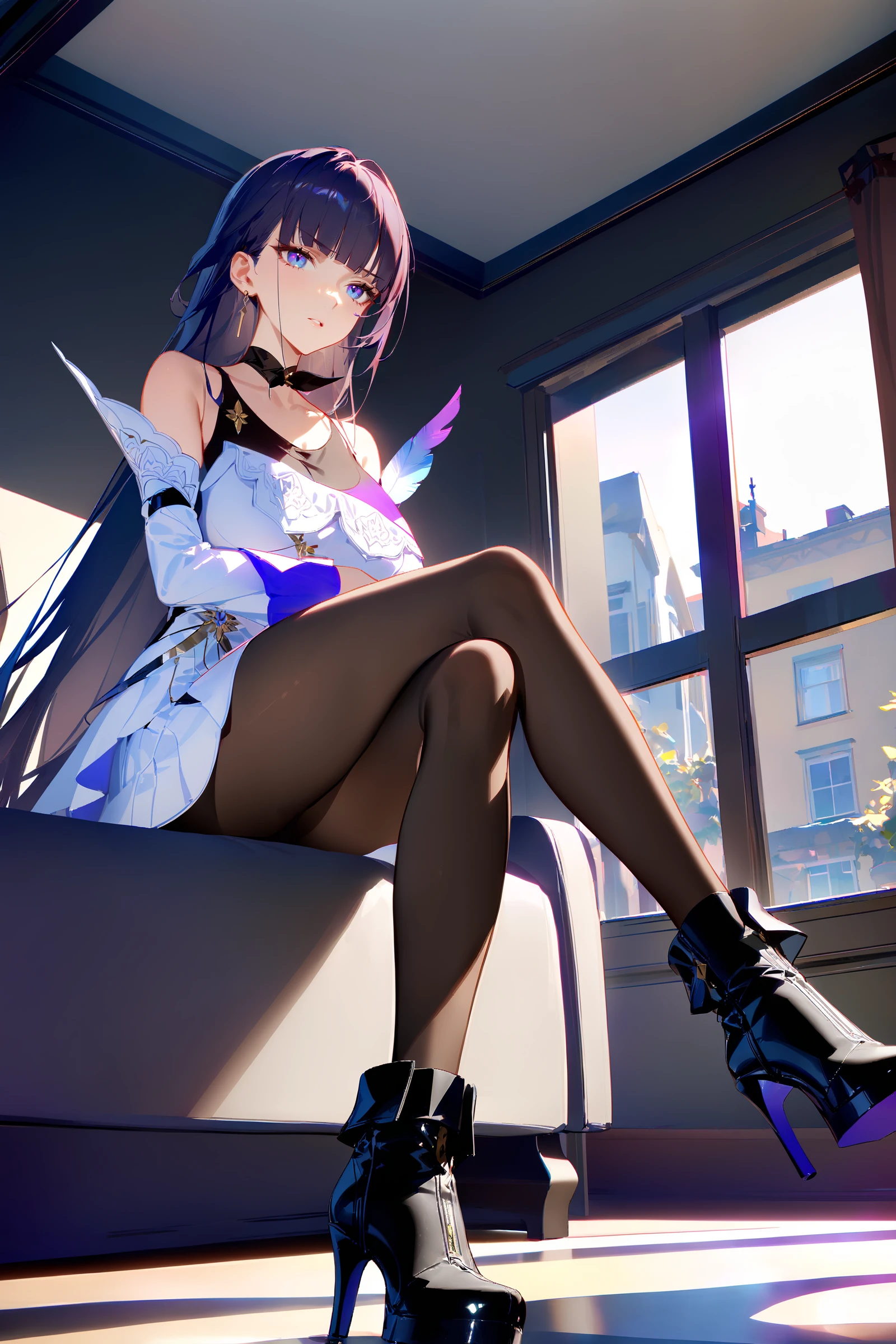 masterpiece, best quality, very aesthetic, ray tracing, newest,(hitenkei, askzy:0.5), 1girl, raiden mei, solo, pantyhose, high heel boots, single glove, layered dress, ribbon choker, tank top, detached sleeves, sitting, crossed legs, from below, on couch, windows, living room, glaring  <lora:Char-Honkai-Raiden_Mei-XL-V1:0.9>