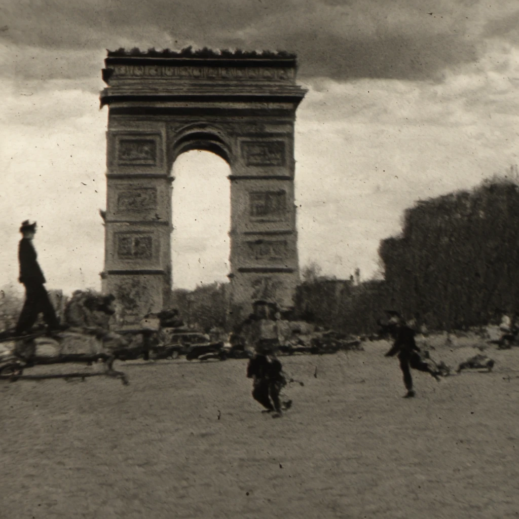 ((1947-Paris-France)),Create a detailed black and white image that captures the essence of the Notre Dame Cathedral in Paris, France, as it might have appeared in 1947. The scene should highlight the cathedral's majestic architecture, with its iconic spires and intricate facades, set against the backdrop of a post-war Parisian sky. Include surrounding elements that convey the historical context of the era, such as cobblestone streets, vintage automobiles, and pedestrians in period-appropriate attire, to immerse the viewer in the atmosphere of mid-20th-century Paris.<lora:1947-Paris-France-SD2.1-512-LoRA1:1>