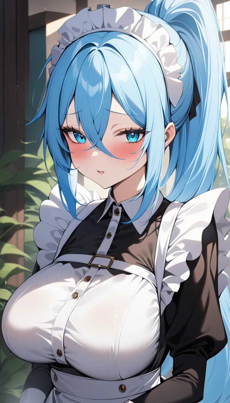 masterpiece, best quality, very aesthetic, absurdres, 1girl, solo, sylpha, long hair, maid headdress, white hair, large breasts, hair between eyes, ponytail, <lora:Sylpha Langlis V1:0.8>