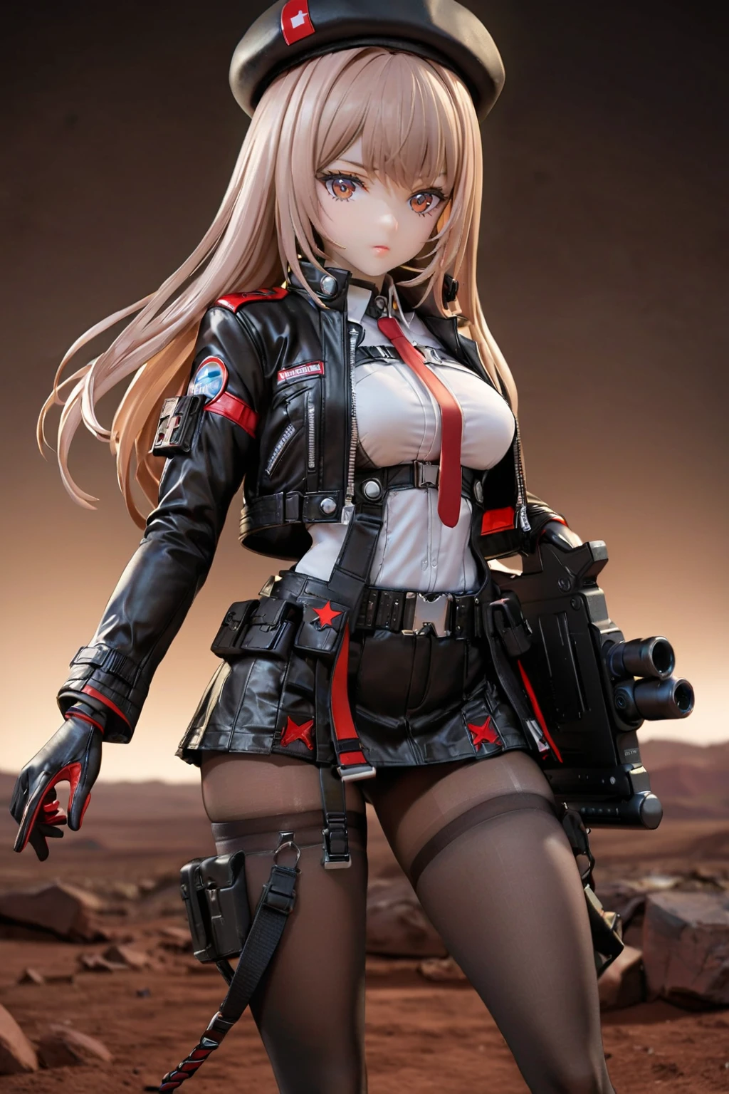 black jacket,weapon,black thighhighs,miniskirt,rapi,1girl,white shirt,gloves,beret,cropped jacket,holding gun,black background,<lora:rapi:1>,cowboy shot,black footwear,pantyhose,looking at viewer,Mars Tourism Resort, Luxurious resort offering Martian landscape views and space-themed activities.,