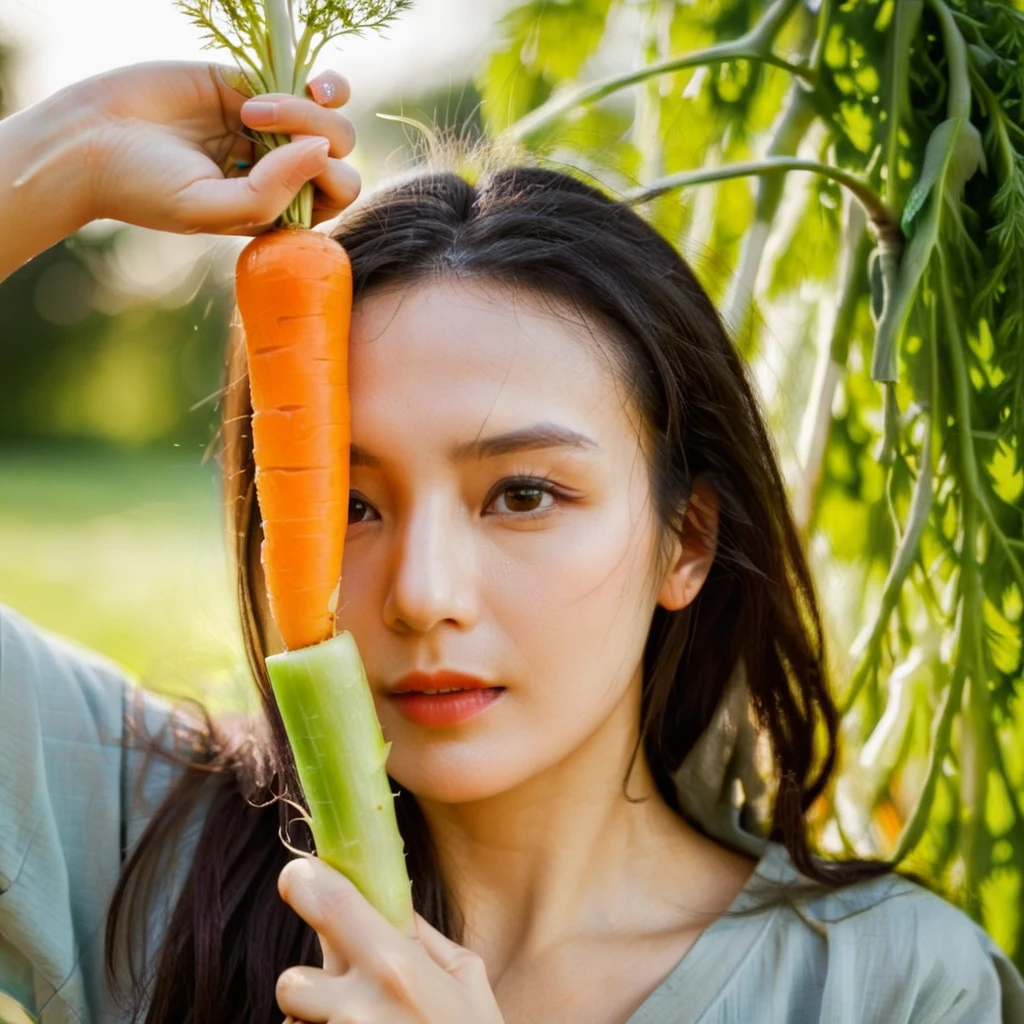 a woman   holding a carrot  <lora:weaponface:0.85>