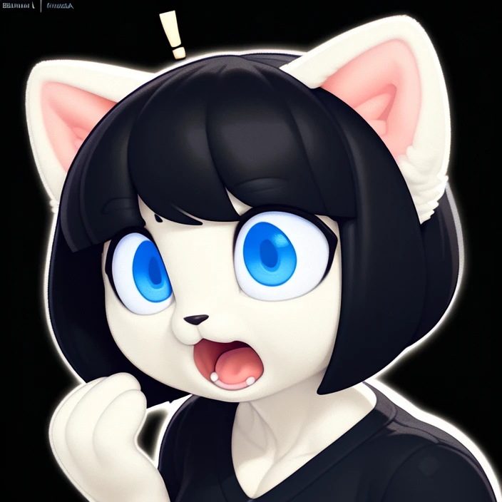 a very surprised looking cat, drawn by snowskau, by frumples, solo, anthro, bob cut, black hair, blue eyes, eye whites, bust portrait, fully clothed, black shirt, cleavage, v-neck, simple background, black background, reaction image, open mouth, surprise, exclamation point, (real, realistic, realistic fur), white white body,