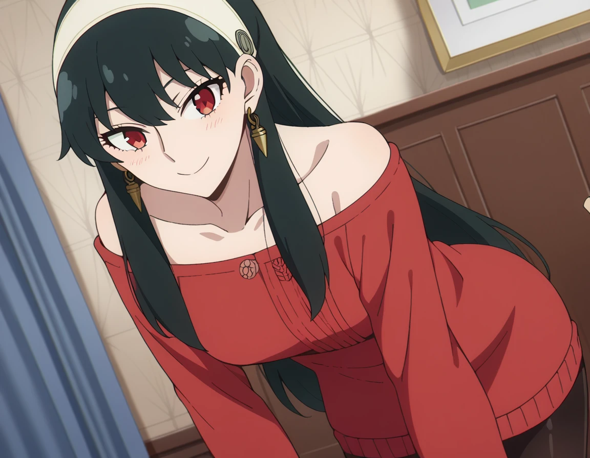 score_9, score_8_up, score_7_up, source_anime,
yorbriar, <lora:yor-briar-s1-ponyxl-lora-nochekaiser:1>,
yor briar, black hair, red eyes, earrings, white hairband, hairband, long hair, sidelocks,
bare shoulders, collarbone, dress, long sleeves, off shoulder, off-shoulder dress, off-shoulder sweater, pantyhose, red sweater, sweater, sweater dress, thighs,
indoors, smile, bent over,
looking at viewer, dutch angle, cowboy shot,
