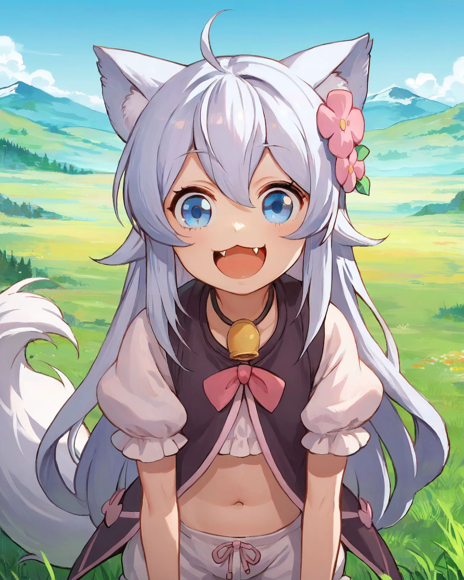 source_anime, (anime screencap:0.5),  <lora:noela:0.8> noela, 
close-up, looking at viewer, 1girl, long hair, white hair, blue eyes, hair flower, hair ornament, wolf ears, raised tail, happy, smile, :3, fang, navel, puffy sleeves, white shorts,
outdoors, blue sky, white clouds, grass, hill, mountain,, score_9, score_8_up, score_7_up, score_6_up, score_5_up, score_4_up, ponypositive,