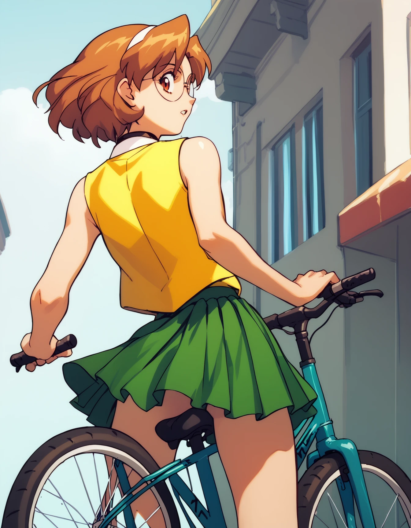 score_9,  score_8_up, score_7_up
<lora:rion-aida-ponyxl:0.8> a10n, round eyewear, choker, sleeveless vest, yellow vest, bare arms, pleated skirt, green skirt,
1girl, bicycle, from behind, looking back, arm support, street