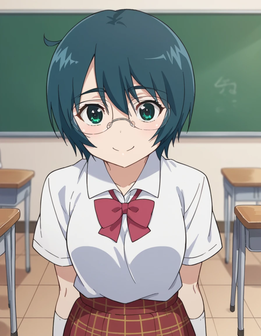 score_9, score_8_up, score_7_up, source_anime,
miharumikuni, <lora:miharu-mikuni-ova-ponyxl-lora-nochekaiser:1>,
miharu mikuni, short hair, green eyes, glasses, blue hair,
skirt, shirt, school uniform, white shirt, socks, plaid, kneehighs, plaid skirt,
indoors, classroom, smile,
looking at viewer, dutch angle, cowboy shot,