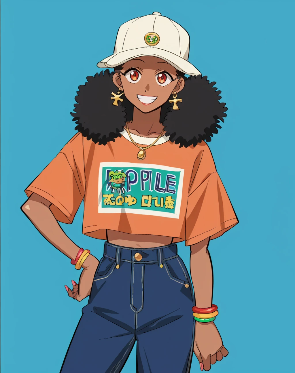 score_9, score_8_up, score_7_up, score_6_up, score_5_up, score_4_up, BREAK ,cowboy shot,1girl,solo,smile,dark skinned female,source_anime,anime screencap
edg90hh, woman wearing hip hop outfits ,wearing edg90hh_clothing,arms along body
 <lora:edg90sHIPHOPPony:0.85>