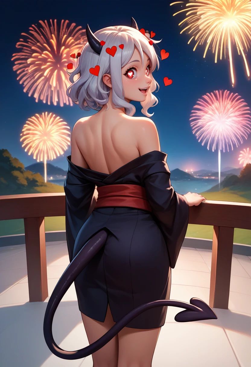 score_9, score_8_up, score_7_up, source_anime, from behind, solo, 1girl, htmodeus, happy, looking back, black horns, demon horns, heart-shaped pupils, black kimono, off shoulder, red sash, demon tail, bare shoulders, fireworks <lora:helltaker_modeus_ponyXL:1>