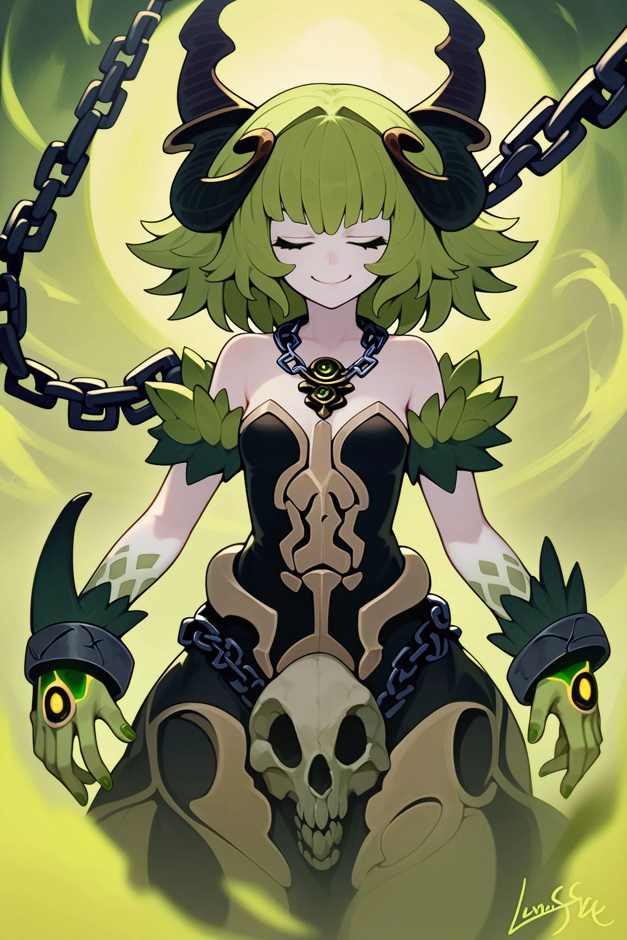 score_9, score_8_up, score_7_up, 1girl, closed eyes smile, looking at viewer, green hair, textured_bangs, green eyes, small breasts, Lich \(monster girl encyclopedia\), chain, colored skin, jewlry, necklace, skull, nail polish  <lora:Lansane_PonyXL_style_v01:1>