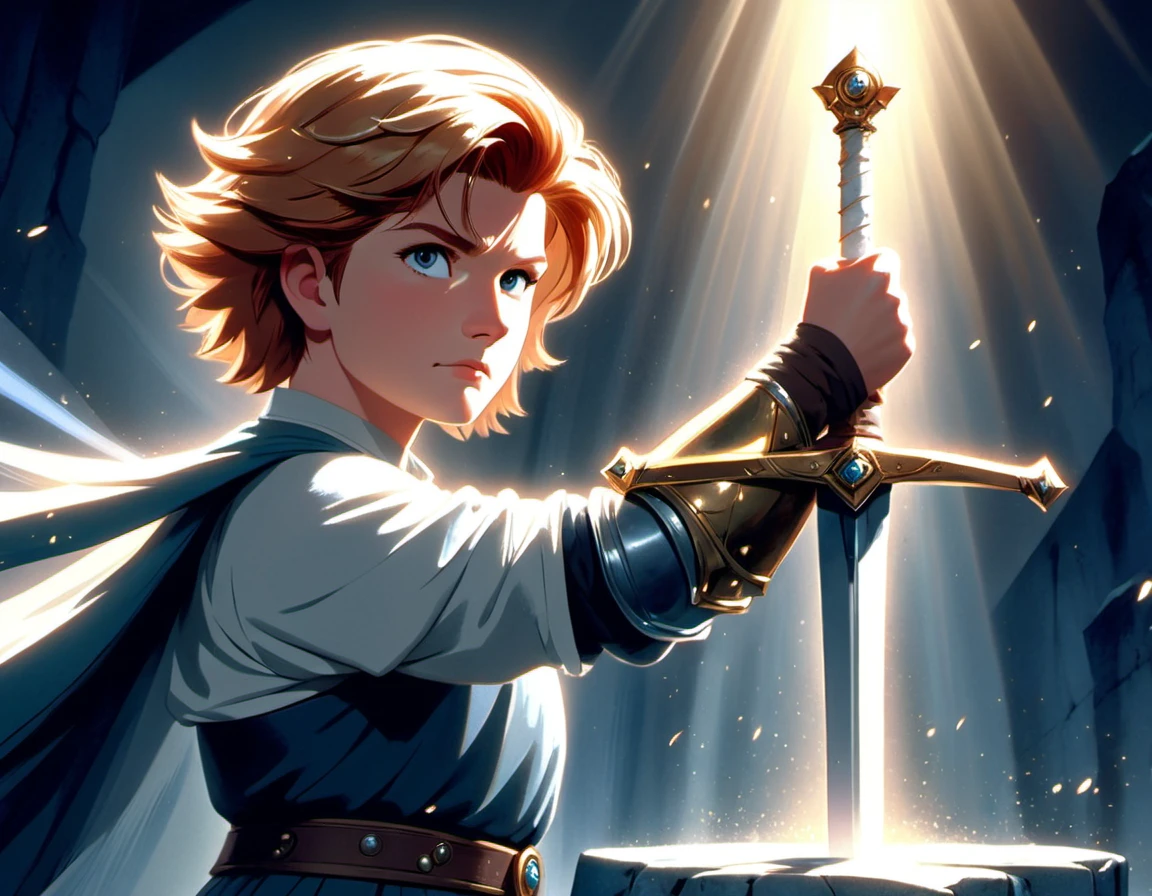 (((masterpiece))) , (((best quality))) , anime style, 2d, well-built charming 1boy, solo, lovely 1boy, SwordInTheStone, beautiful gorgeous Young Kate Mulgrew, gripping onto the hilt of the sword in the stone, he has Shaved sides hair, key visual, 