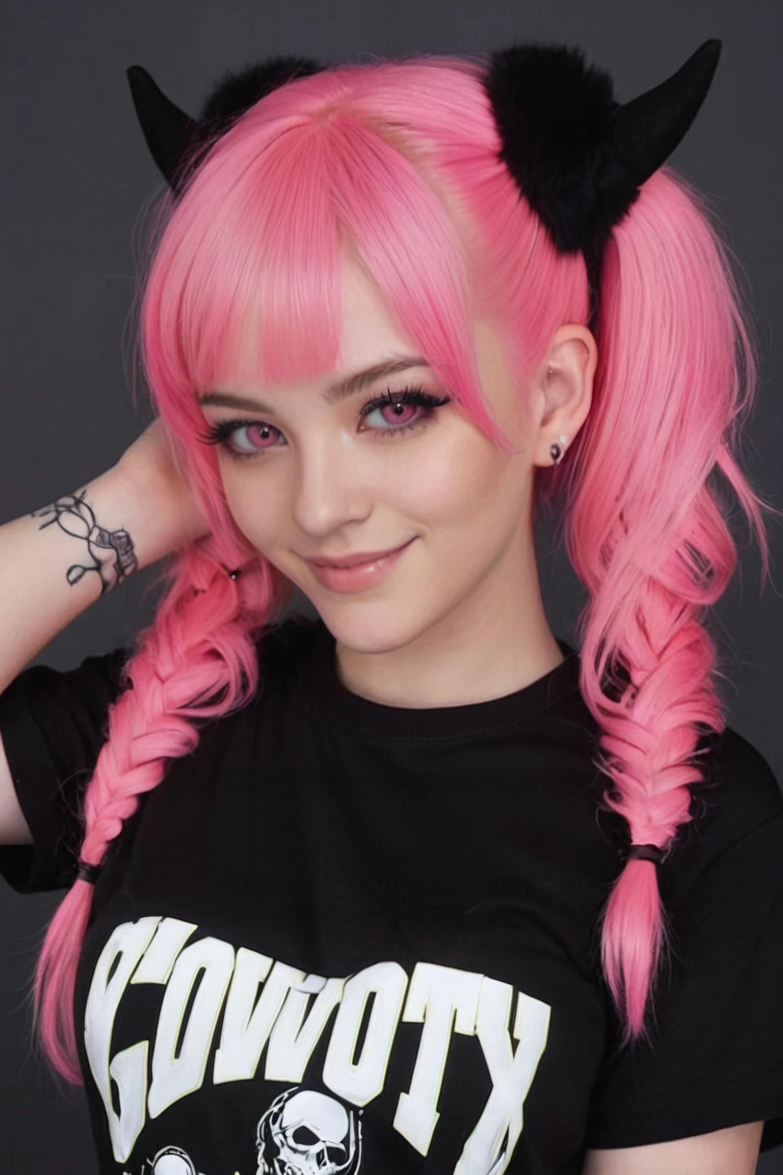 score_9, score_8_up, score_7_up, masterpiece, best quality, highly detailed, 1girl, pale skin, pink eyes, thick black eyelashes, black eyeliner, dark eyeshadow, neon pink hair, low twintails, big breasts, oversized black t-shirt, ear piercings, looking at the viewer, bedroom eyes, seductive smile, g0thicPXL, glowing hair, glowing eyes, neon, arm behind head, arched back, dark background, cowboy shot, thick white character outline