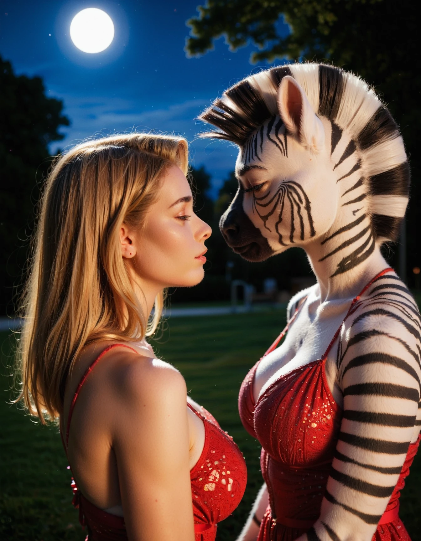 (night, dslr, cinematic, score_8_up:1.5), couple's portrait, 1girl, 1anthro, (zebra), large_breasts, detailed_fur, head_turned, profile, red dress, (backlit), yuri, looking_at_partner, beautiful, blonde_hair,