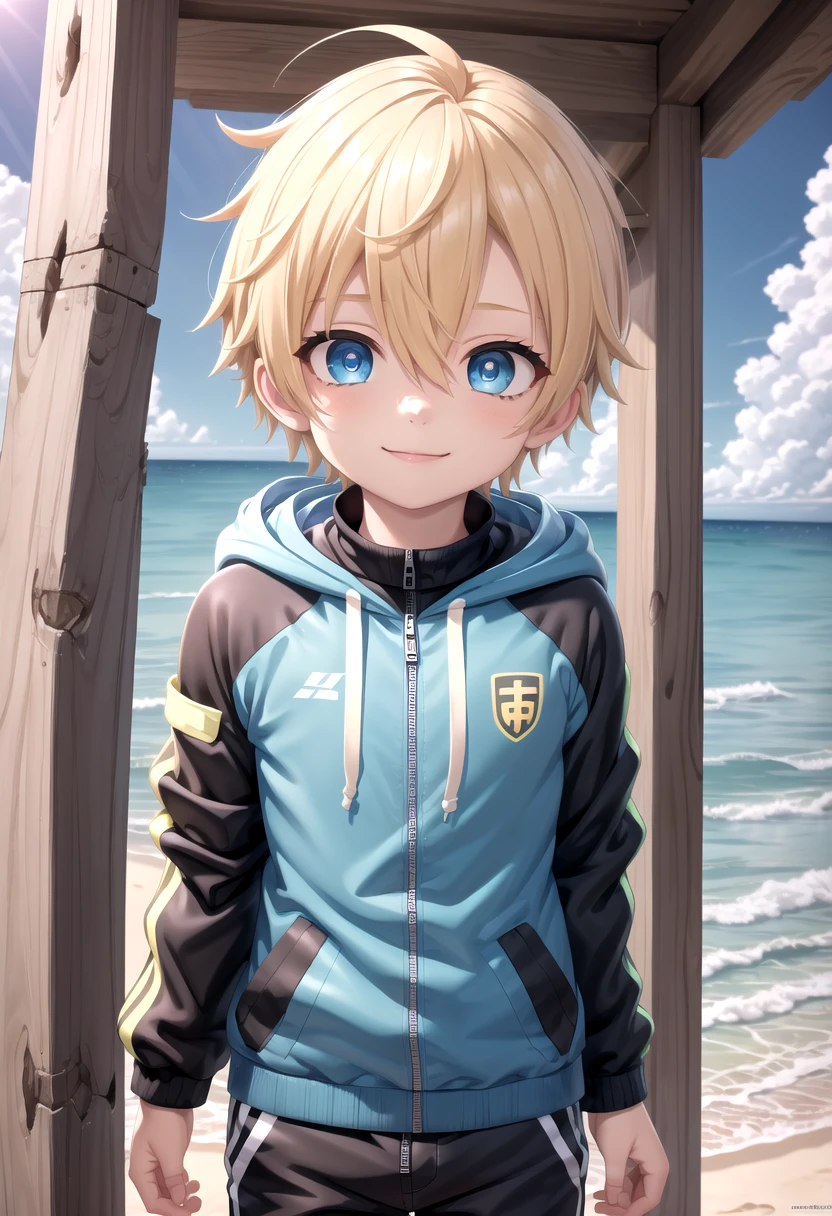 <lora:sota sd15_epoch_17:0.6>,sota, solo,looking at viewer,short hair,bangs,blue eyes,blonde hair,long sleeves,(1boy:1.3),hair between eyes,standing,wide rashguard jacket,(male focus:1.3),cowboy shot,outdoors,sky,day,pants,cloud,hood,water,blue sky,ocean,beach,black pants,hood down,child,multicolored clothes,zipper,horizon,(male child:1.2),wall,multicolored jacket,two-tone jacket , (masterpiece:1.2), best quality, high resolution, unity 8k wallpaper, (illustration:0.8), (beautiful detailed eyes:1.6), extremely detailed face, perfect lighting, extremely detailed CG, smile,
The soft lighting and detailed surroundings create an immersive environment where imagination runs wild hyper-detailed,hyper-detailed face, high quality visuals, dim Lighting, sharply focused, octane render, 8k UHD,
 GS-Boyish