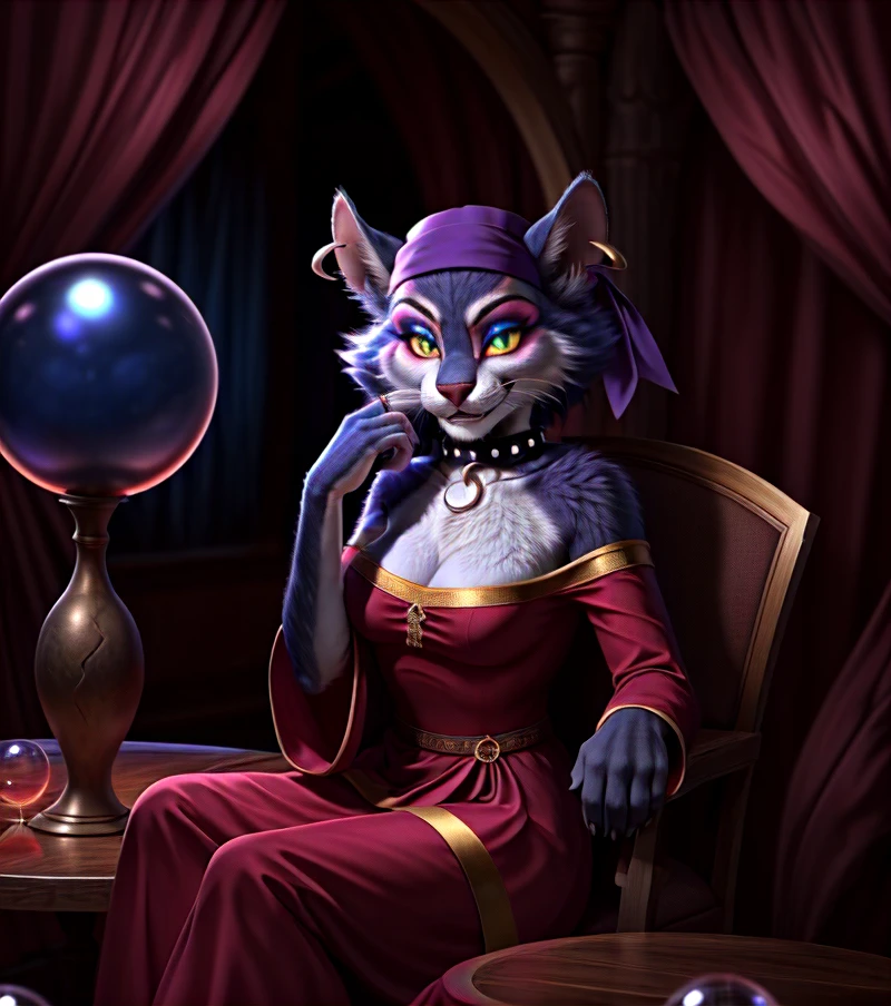 realistic, detailed background, night club, msfortune, collar, looking at viewer, ring piercing, smile, dress, bandanna, eyeshadow, hand on chin, sitting, chair, table, crystal ball,  by blackshirtboy <lora:MsFortune-021-Polyfur-nd64-e040:1>