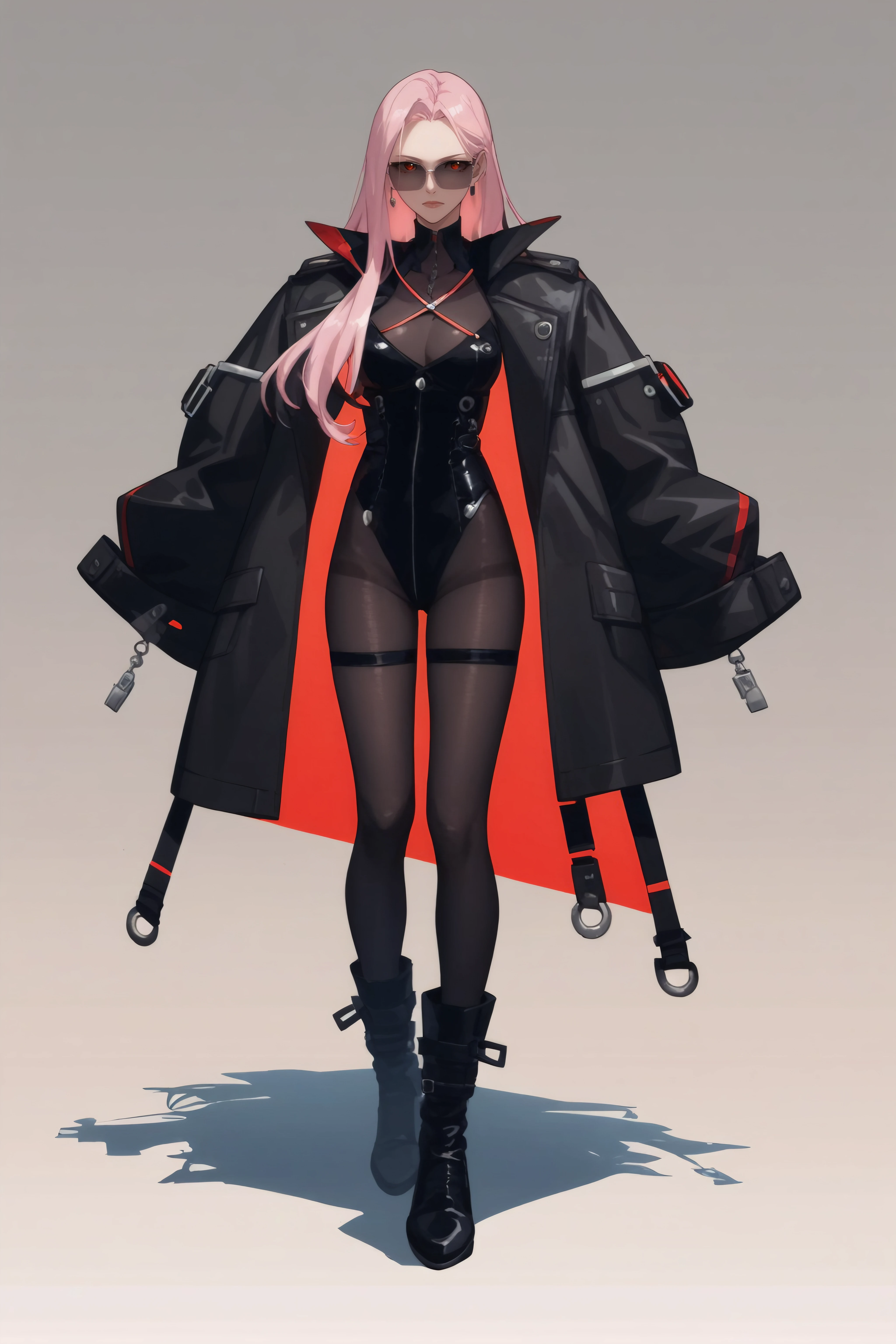 score_9, score_8_up, score_7_up, BREAK source_anime,  <lora:Spectre-PonyXL-lora-Faxtron:0.8> spectre, red eyes, pink hair, long hair, sunglasses, jacket, black leotard, black pantyhose, black boots, standing,